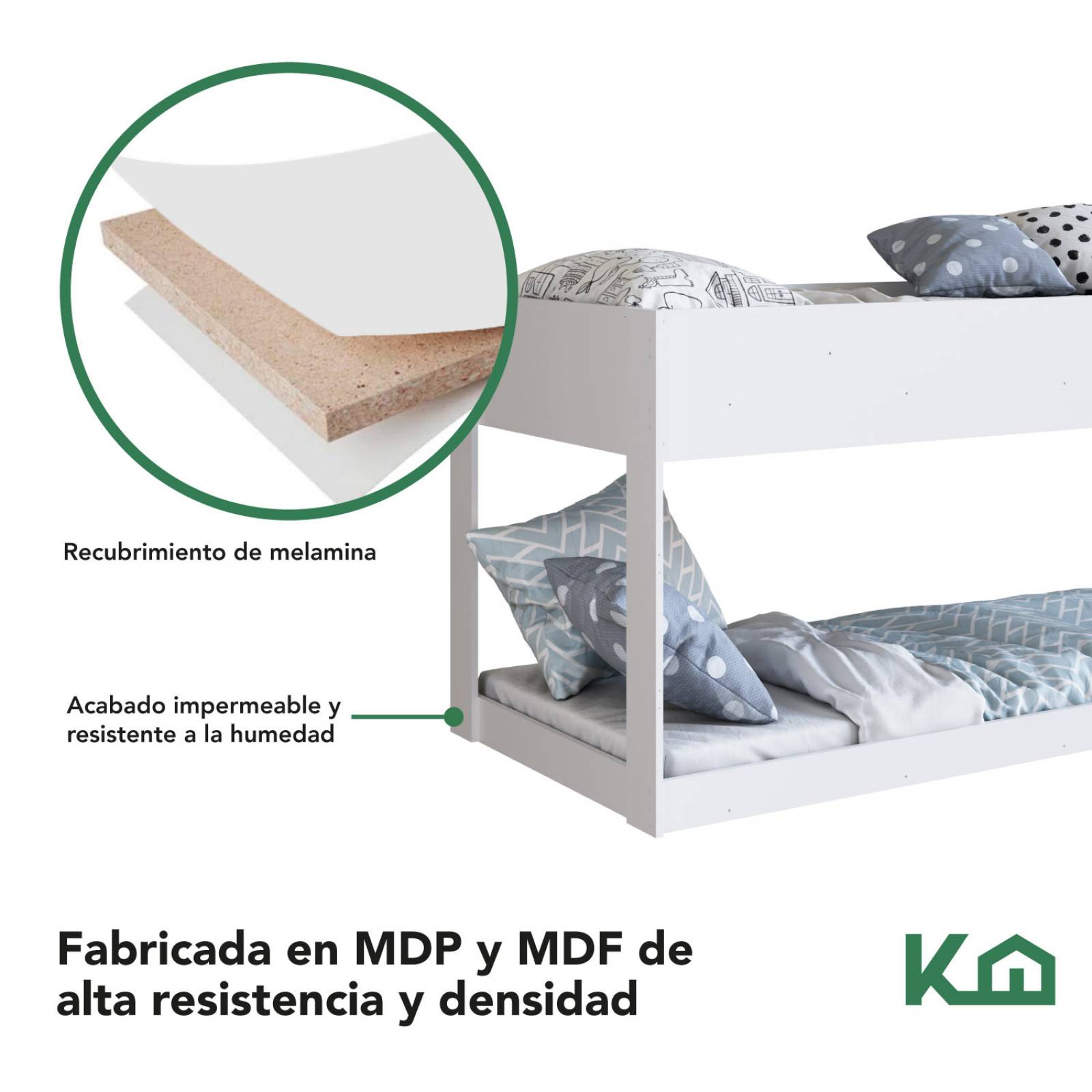 Litera Doble Individual Blanca Base Cama KingsHouse