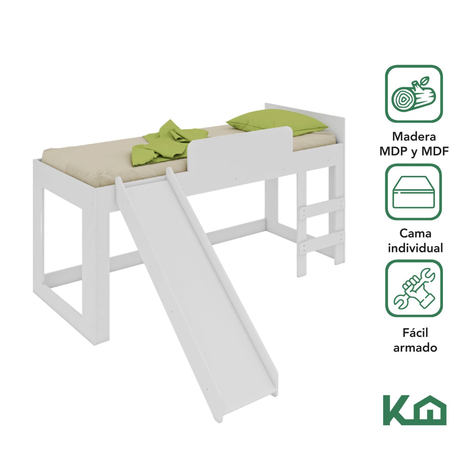 Cama Individual Resbaladilla Tobogán Blanca KingsHouse