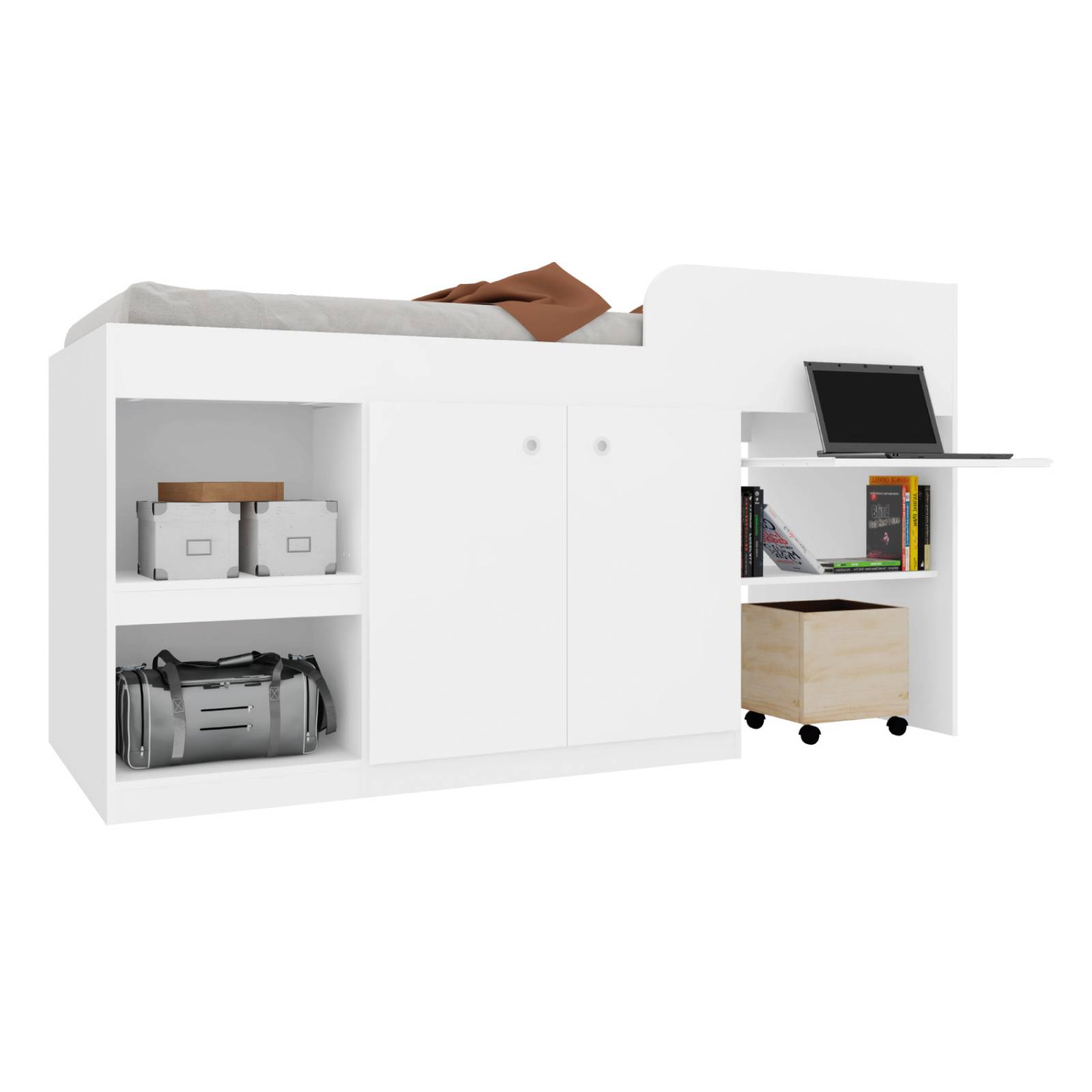 Cama Con Escritorio Litera Individual Blanca Base KingsHouse