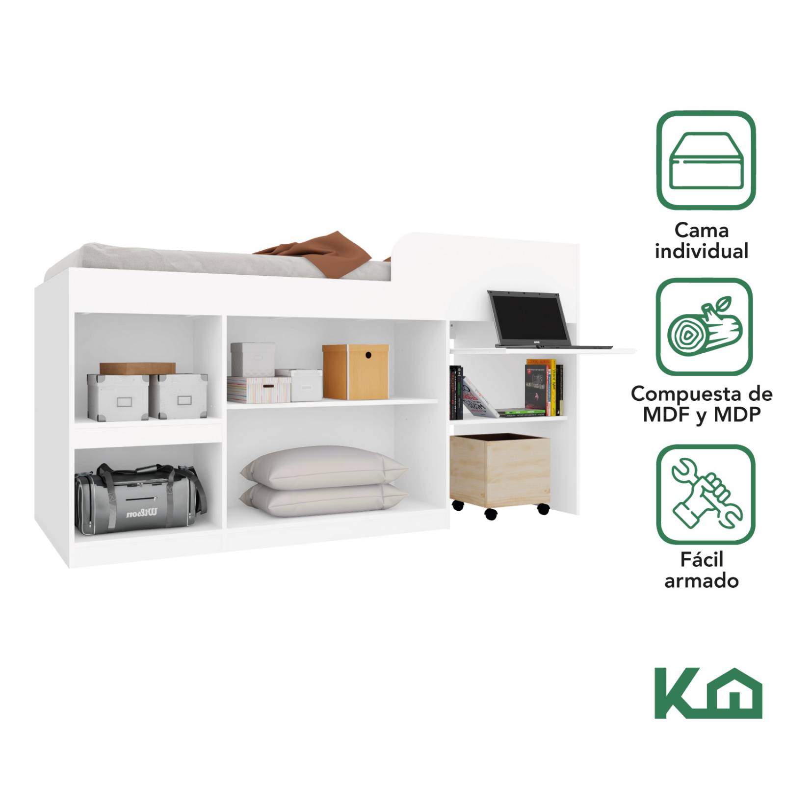Cama Con Escritorio Litera Individual Blanca Base KingsHouse