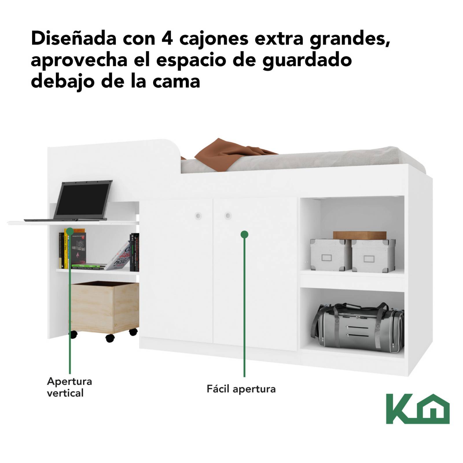 Cama Con Escritorio Litera Individual Blanca Base KingsHouse