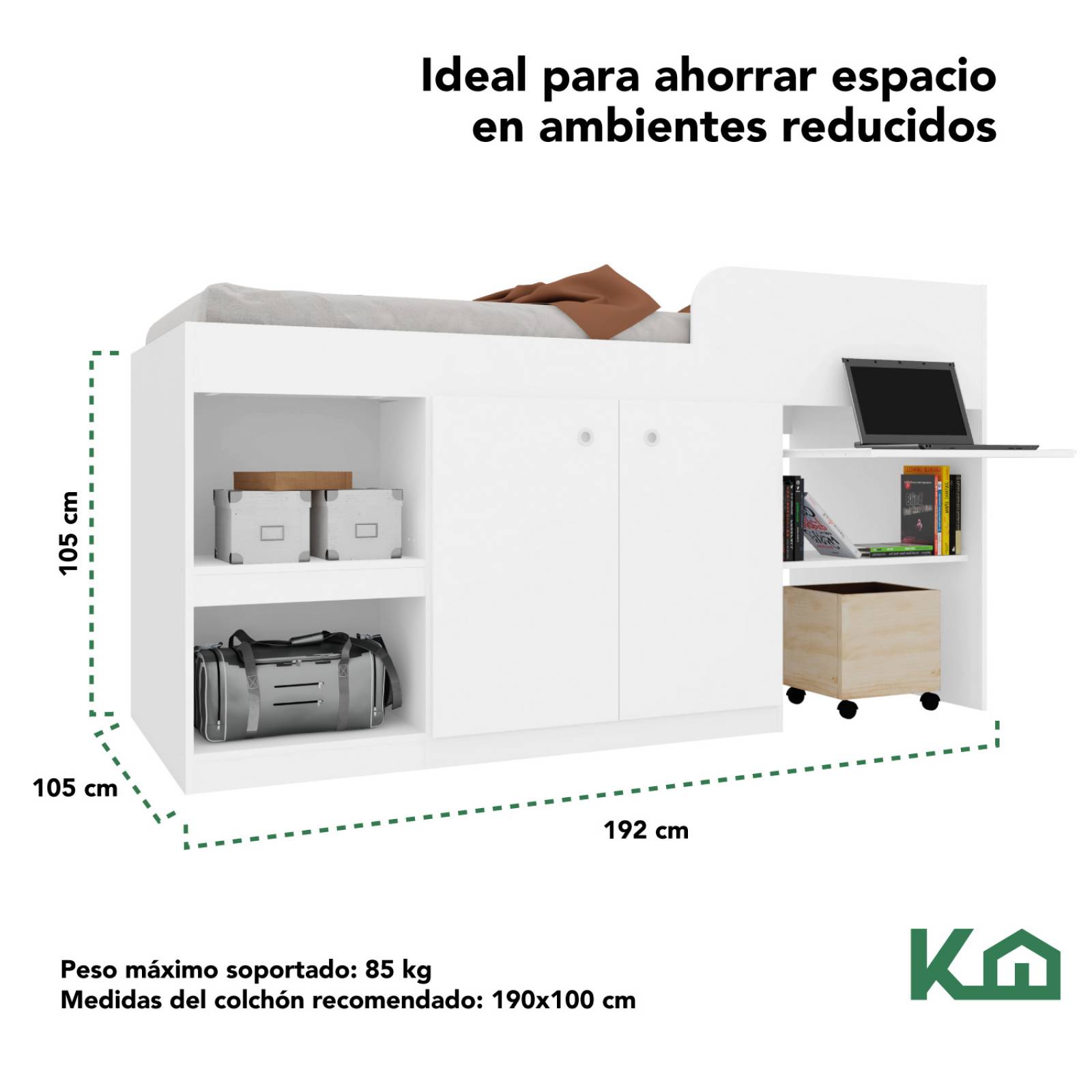 Cama Con Escritorio Litera Individual Blanca Base KingsHouse