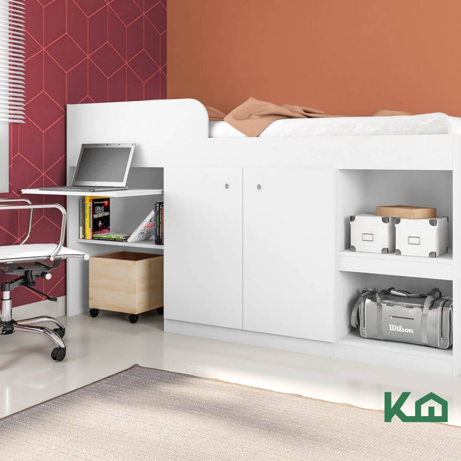 Cama Con Escritorio Litera Individual Blanca Base KingsHouse