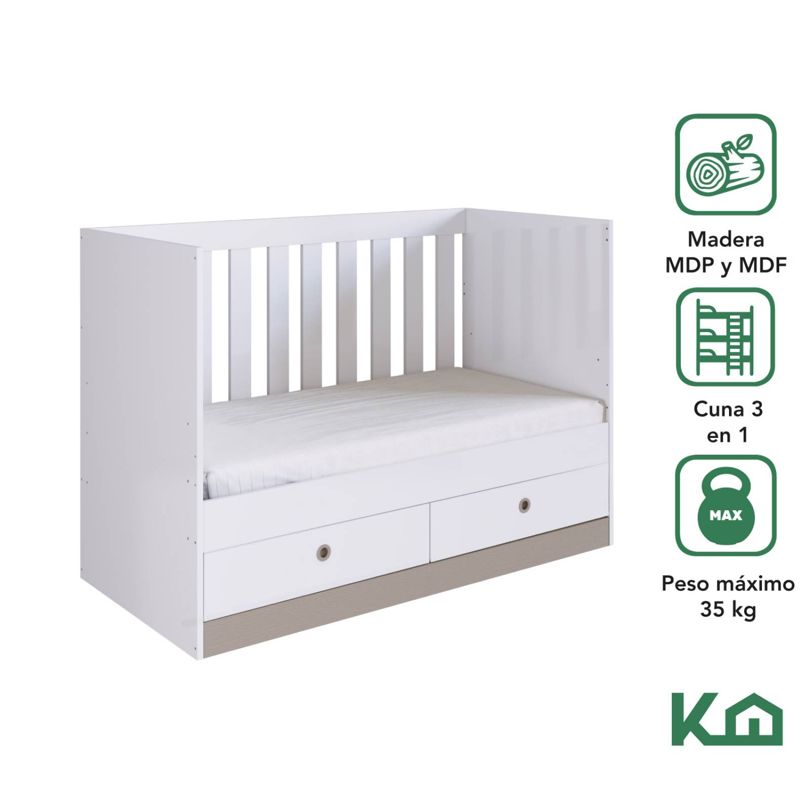 Cuna 3 En 1 Con Cajones Blanca Moderna Nordica Kingshouse 