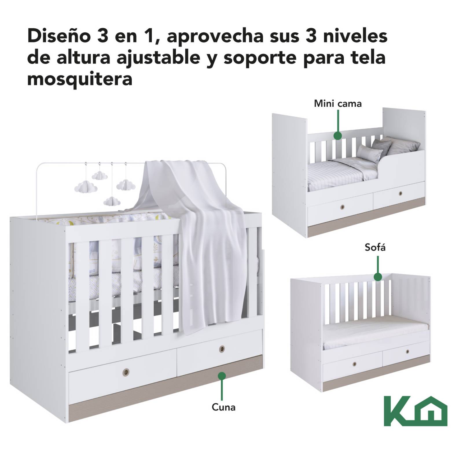 Cuna 3 En 1 Con Cajones Blanca Moderna Nordica Kingshouse 