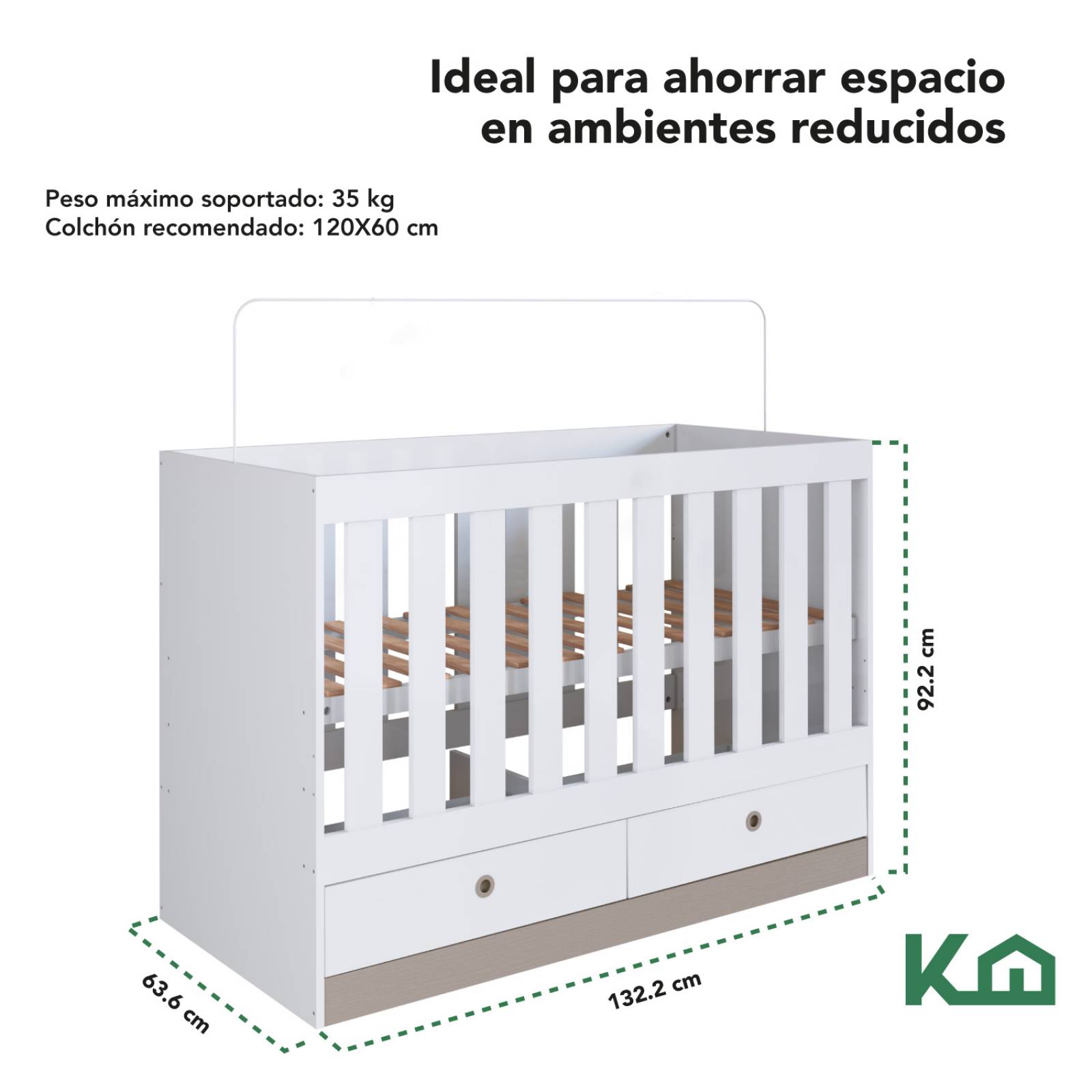 Cuna 3 En 1 Con Cajones Blanca Moderna Nordica Kingshouse 
