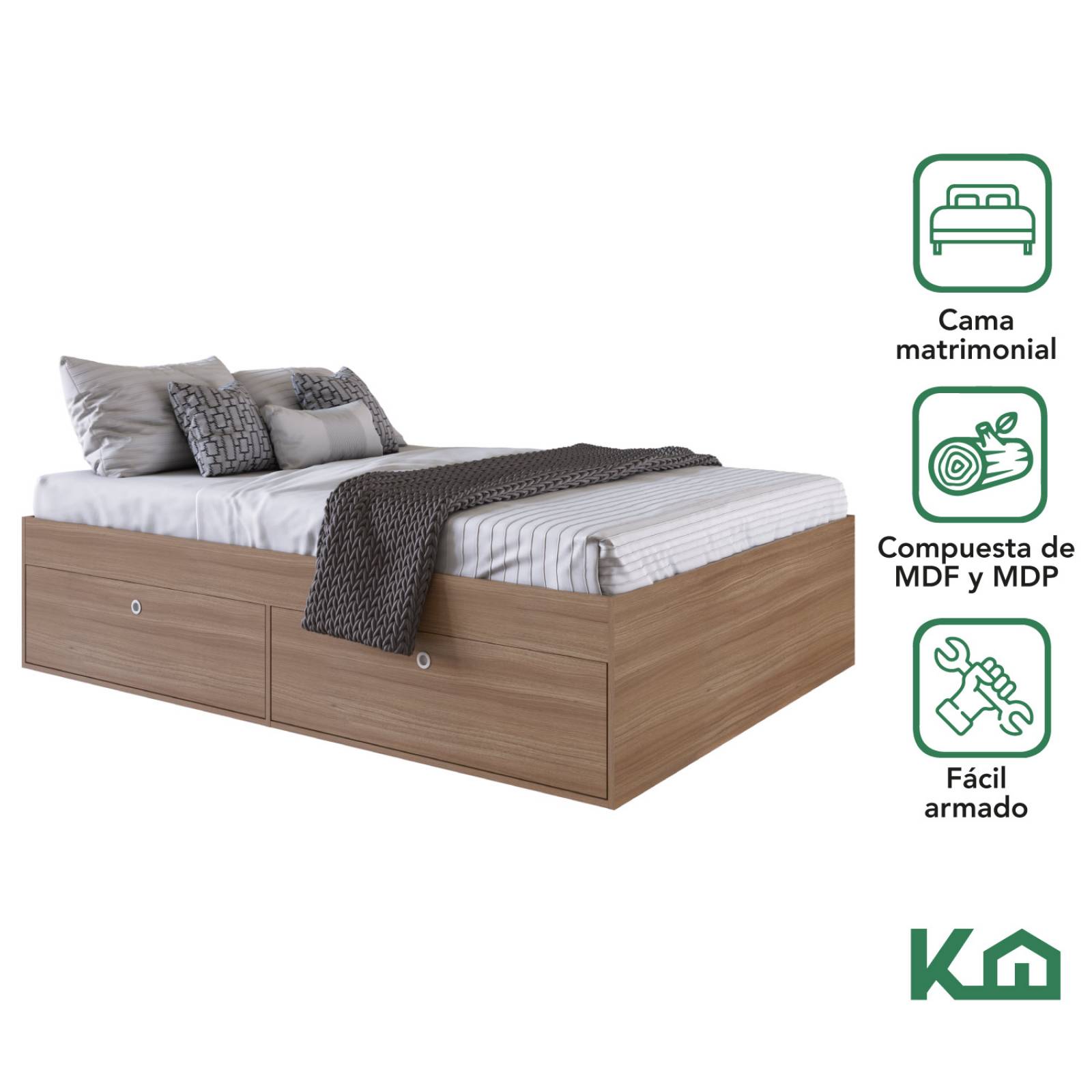Base Cama Matrimonial Con Cajones Madera KingsHouse