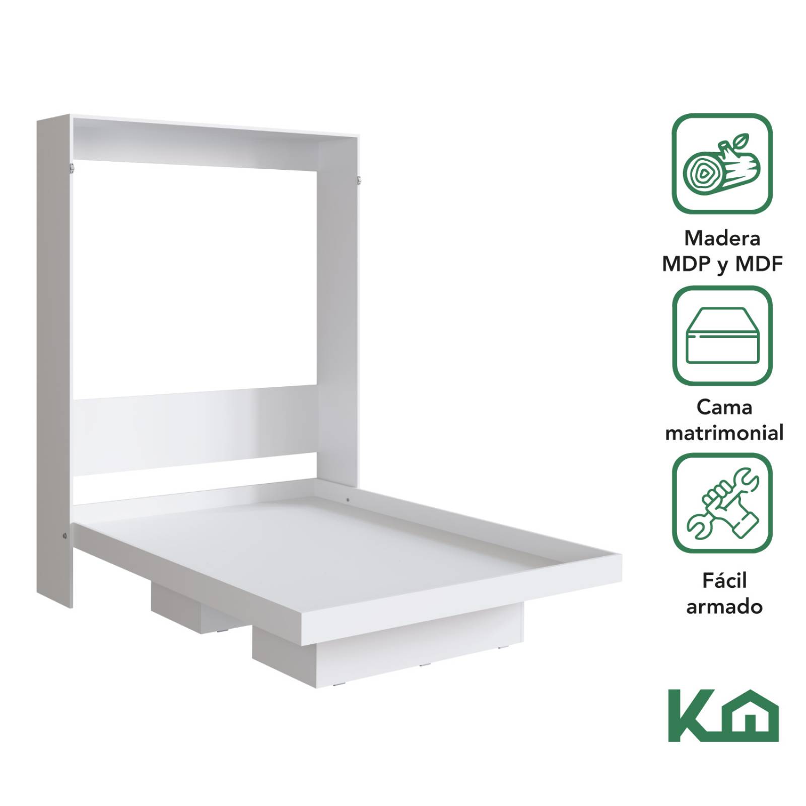 Base Cama Matrimonial Abatible Blanca KingsHouse Desmontable 