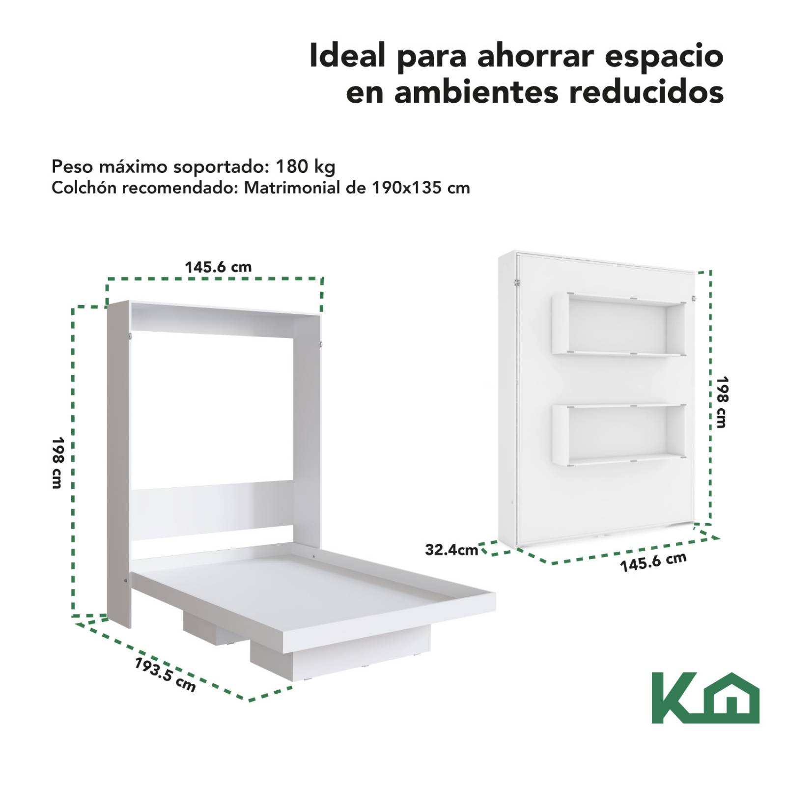 Base Cama Matrimonial Abatible Blanca KingsHouse Desmontable 