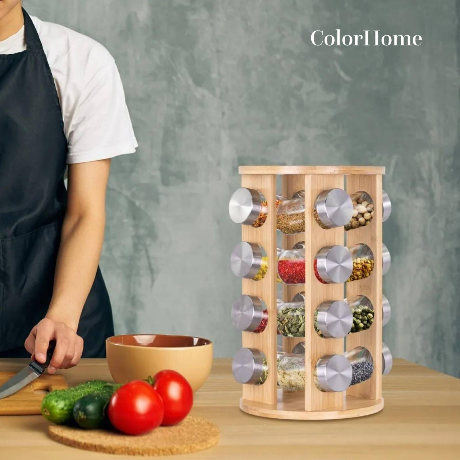 Especiero Moderno Giratorio Organizador de Bambu 16 Frascos 