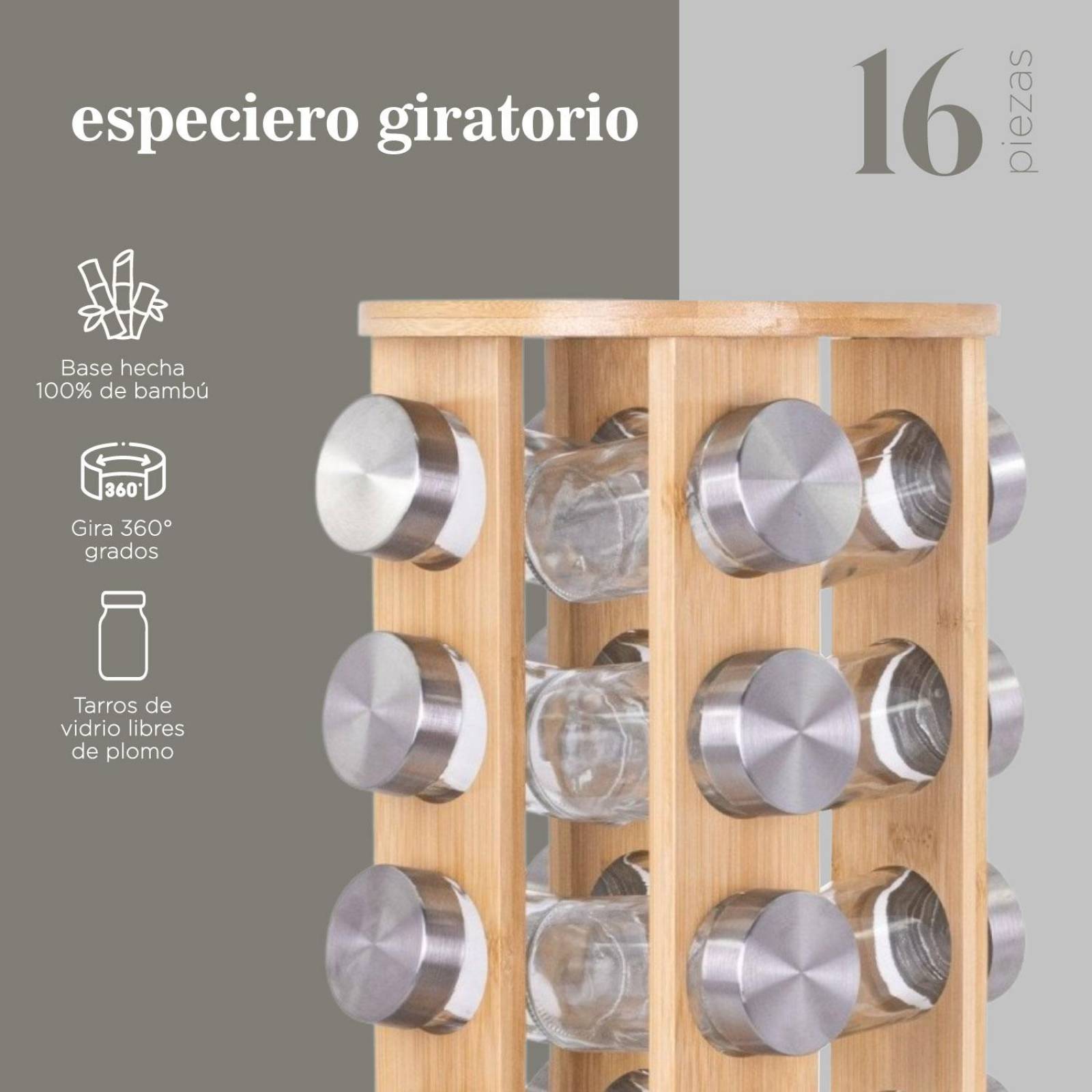 Especiero Moderno Giratorio Organizador de Bambu 16 Frascos 