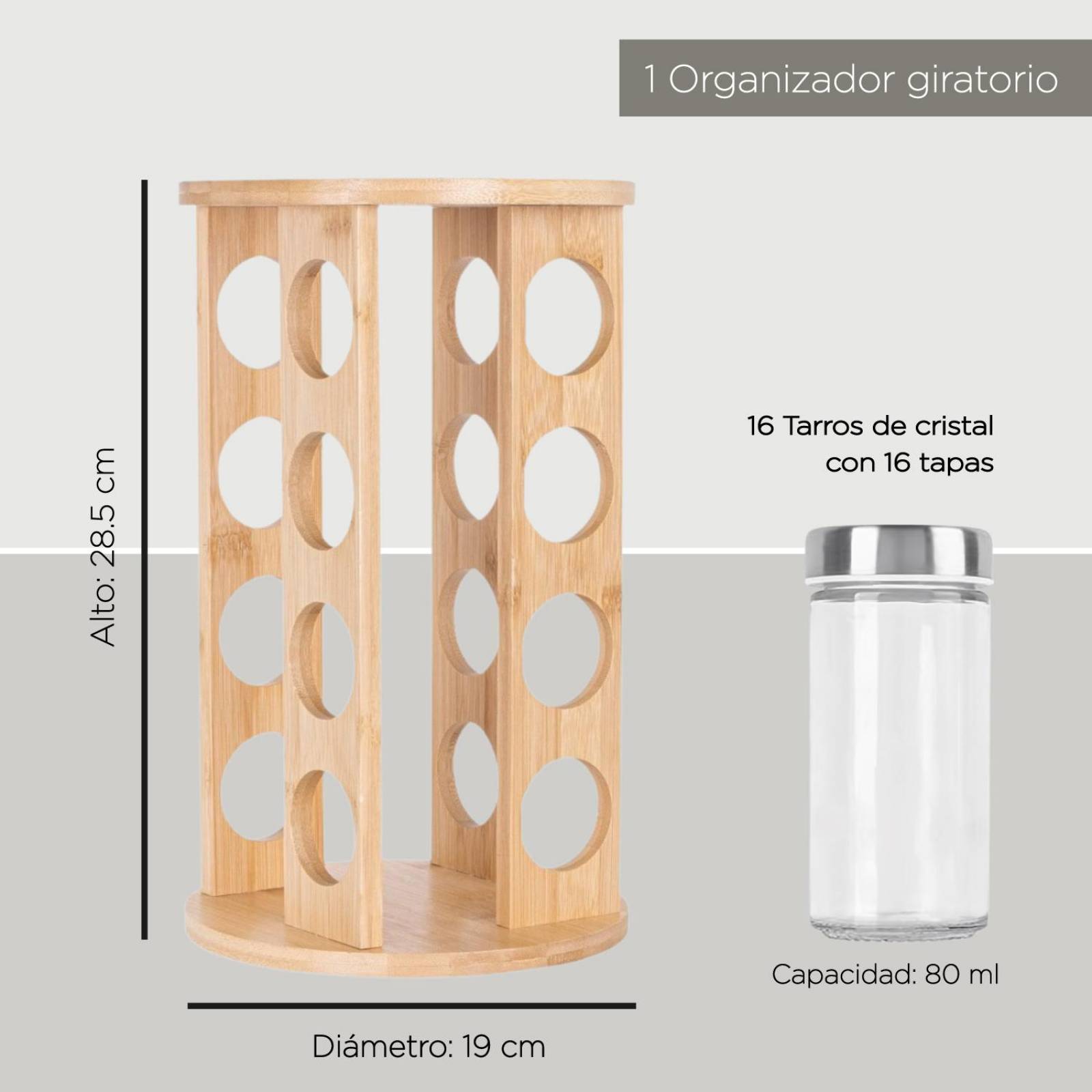 Especiero Moderno Giratorio Organizador de Bambu 16 Frascos 