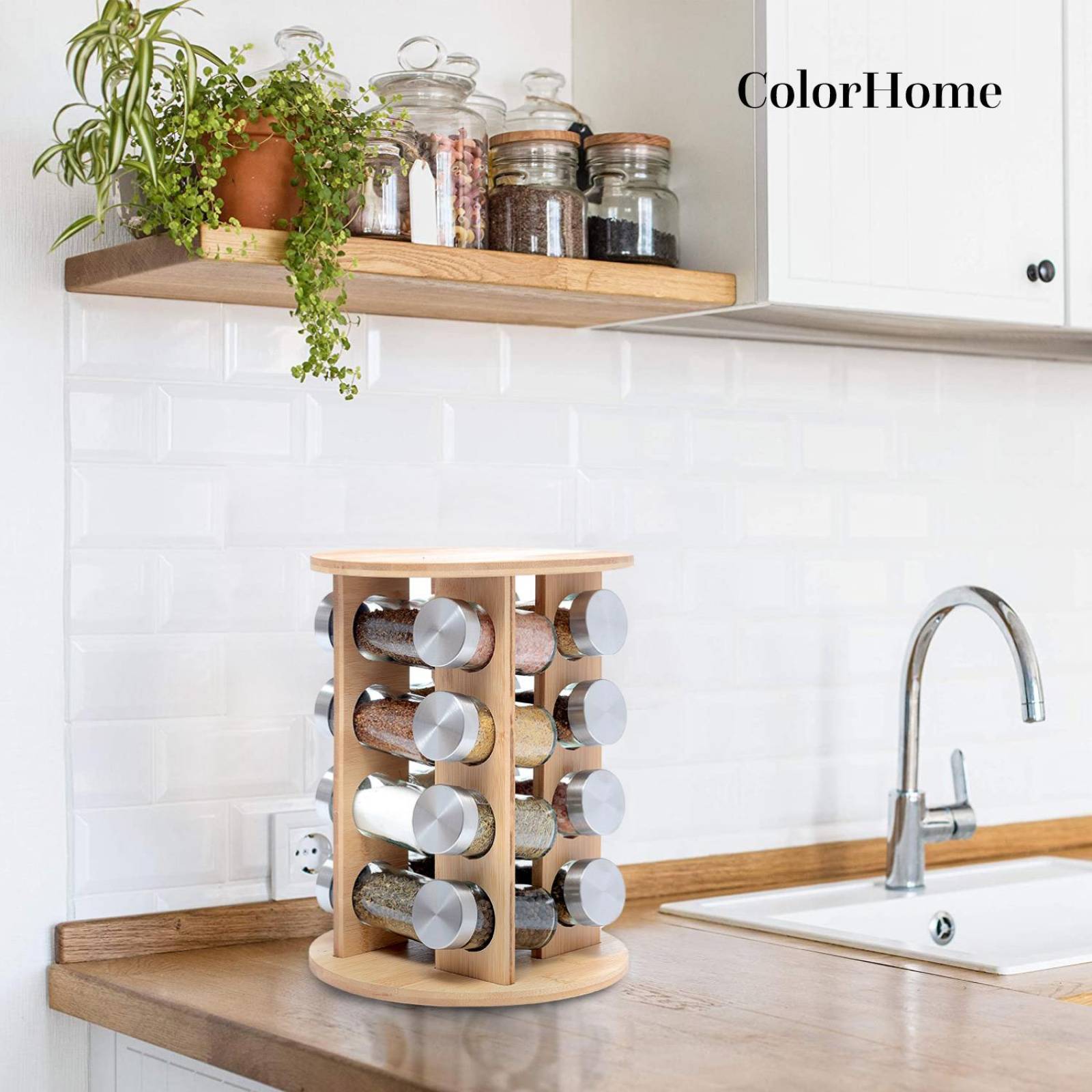 Especiero Moderno Giratorio Organizador de Bambu 16 Frascos 
