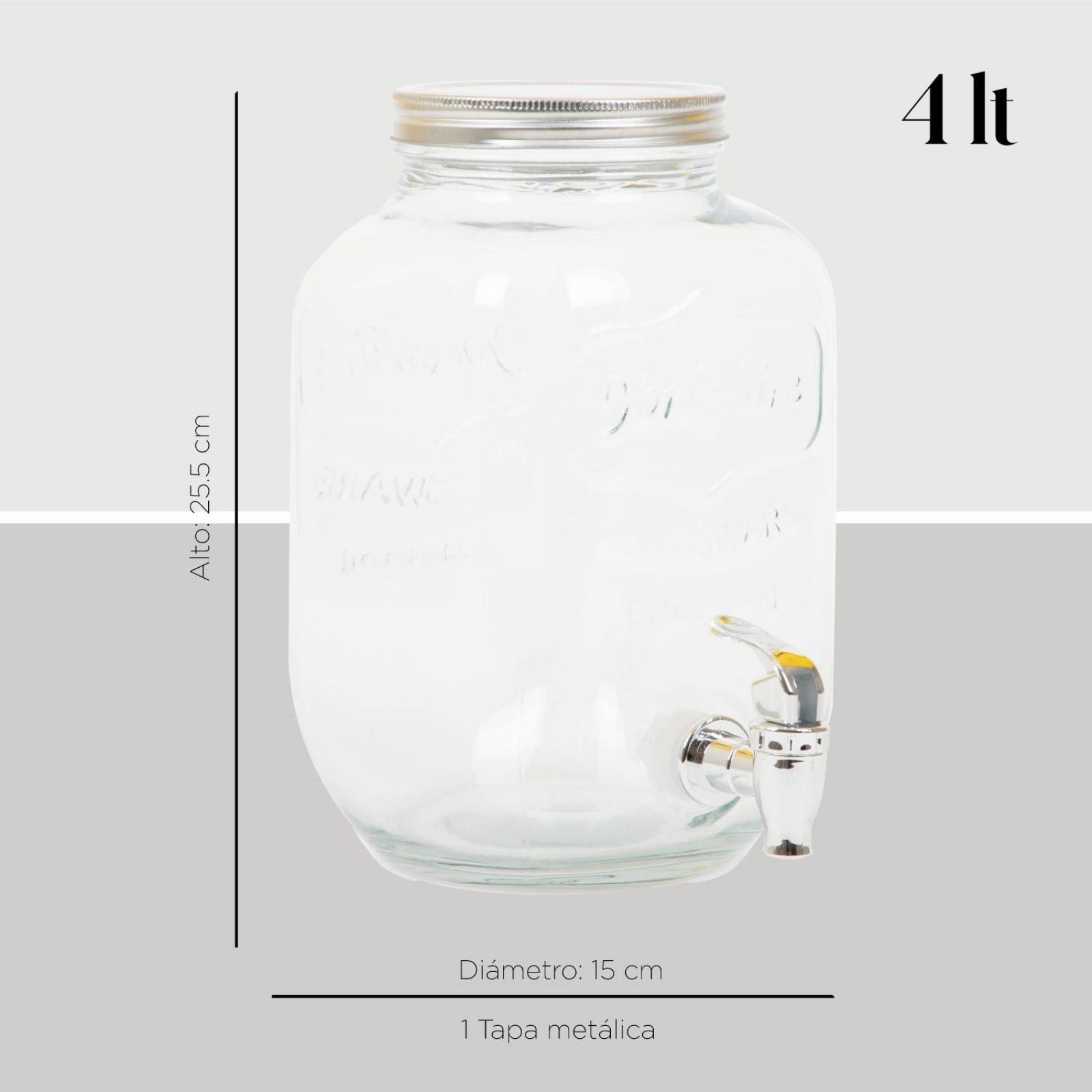 Dispensador De Líquidos Jar Cristal Con Tapa Metal 4 Litros 