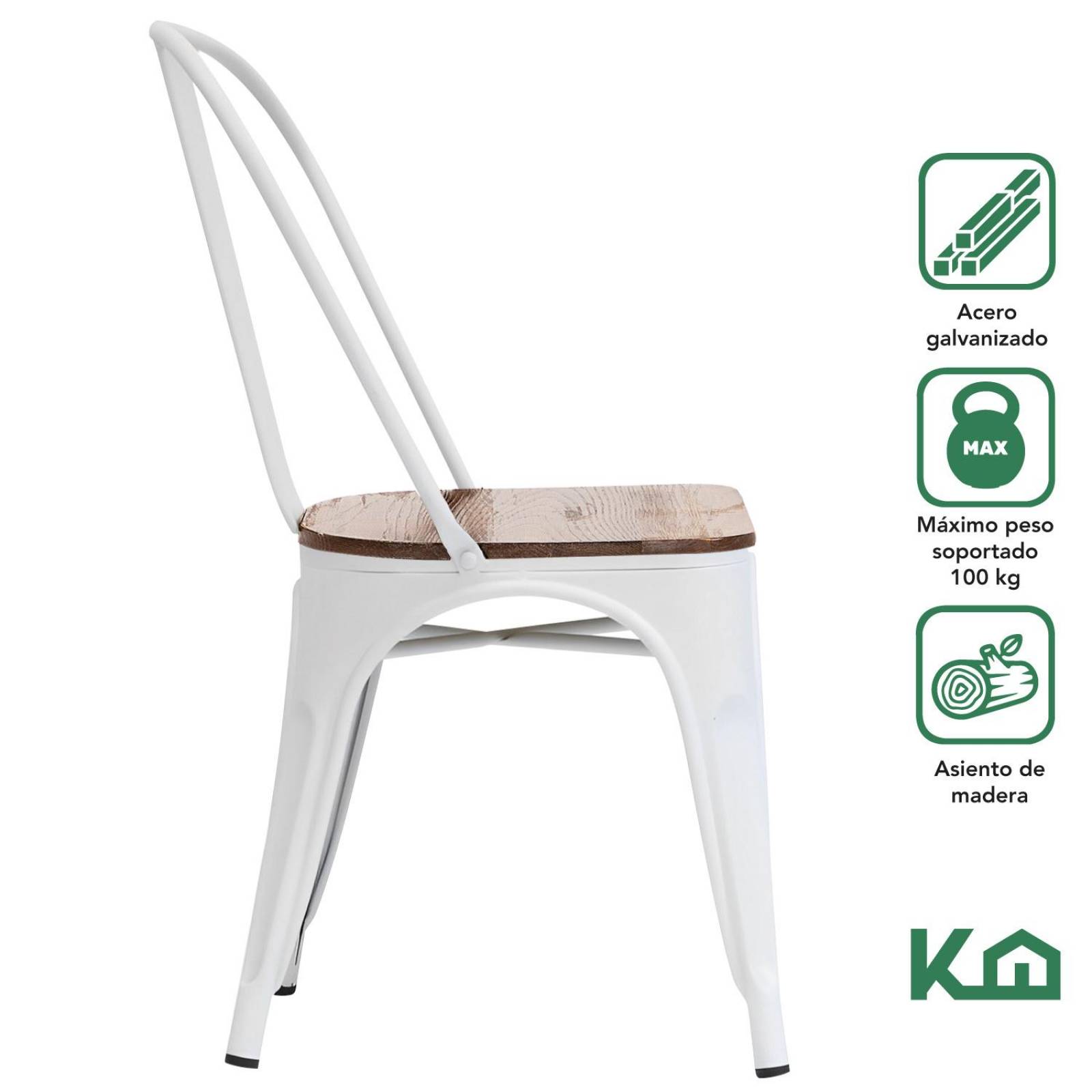 Silla Tolix De Metal Con Asiento Madera 2 Pzas Para Comedor Blanco
