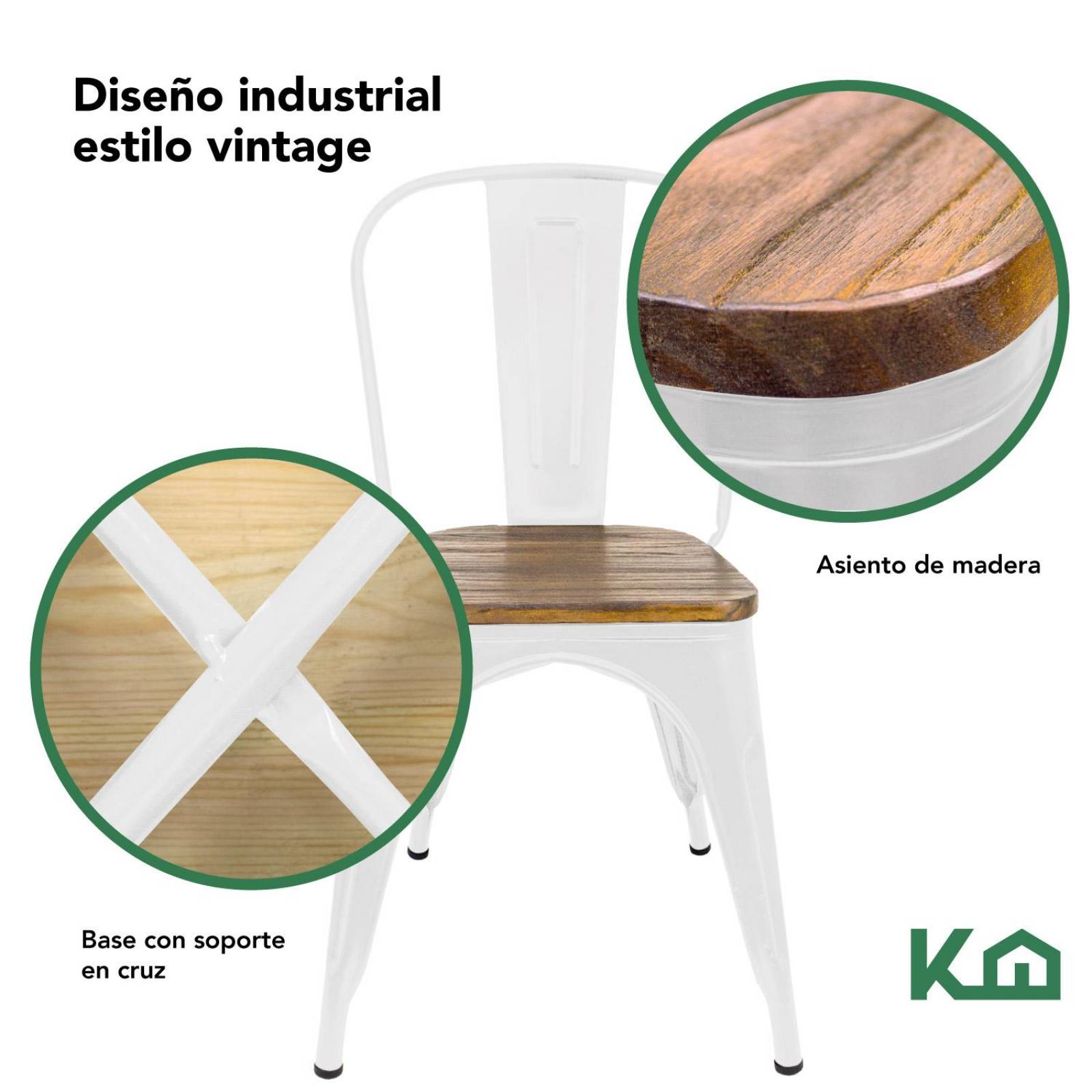 Silla Tolix De Metal Con Asiento Madera 2 Pzas Para Comedor Blanco