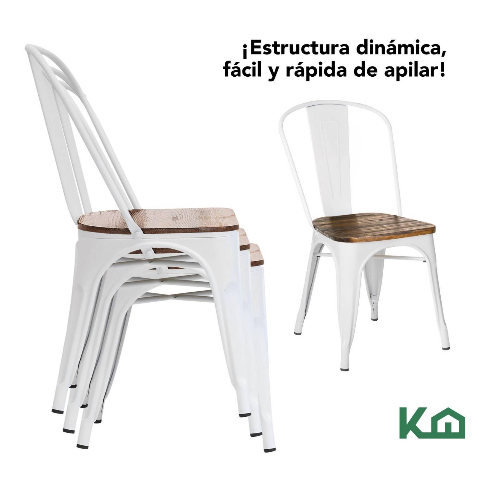 Silla Tolix De Metal Con Asiento Madera 2 Pzas Para Comedor Blanco