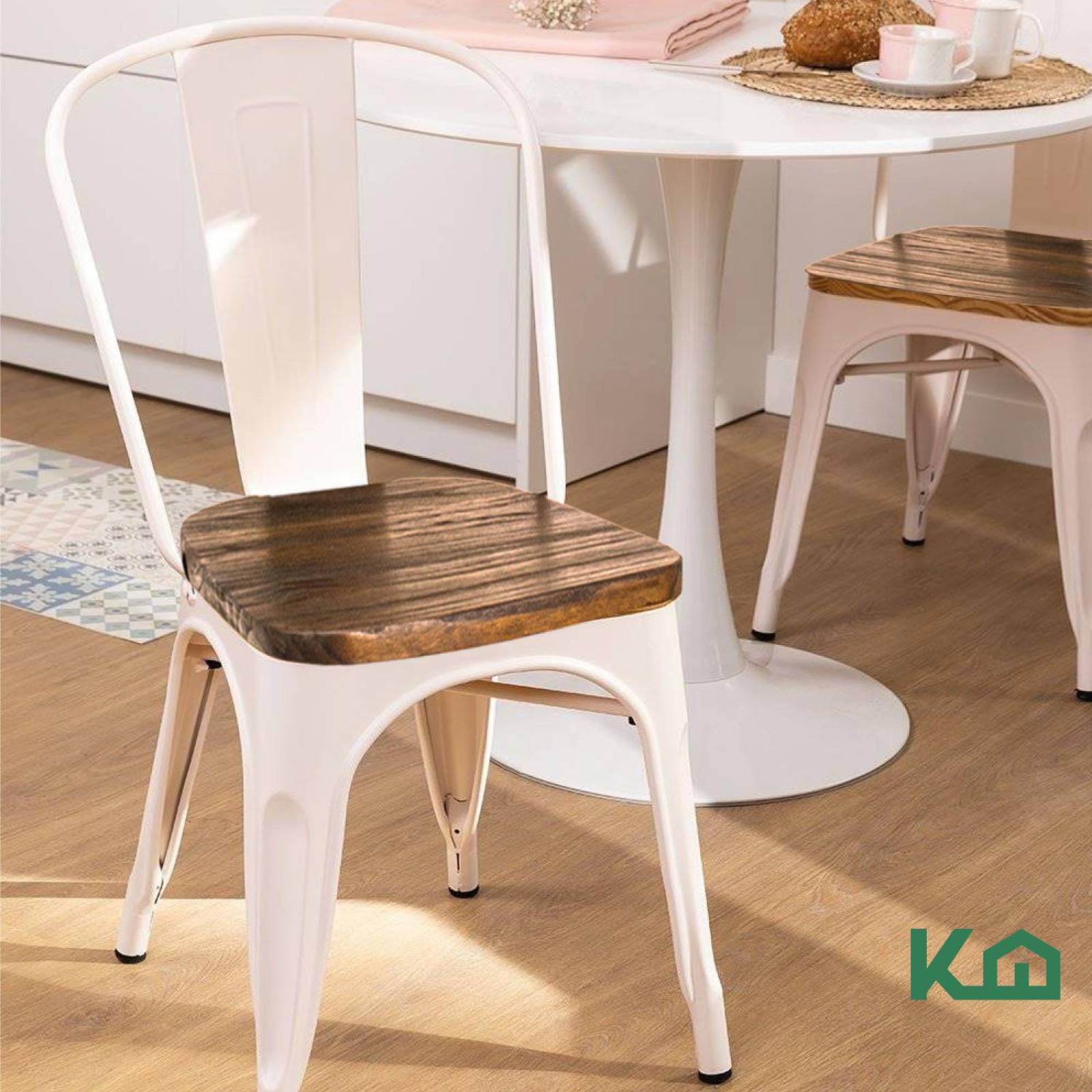 Silla Tolix De Metal Con Asiento Madera 2 Pzas Para Comedor Blanco