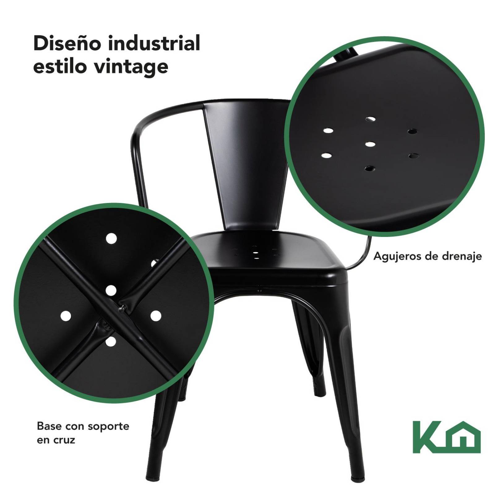 Silla Tolix Acero Metalica Descansabrazos 2 Pzas Kingshouse Negro