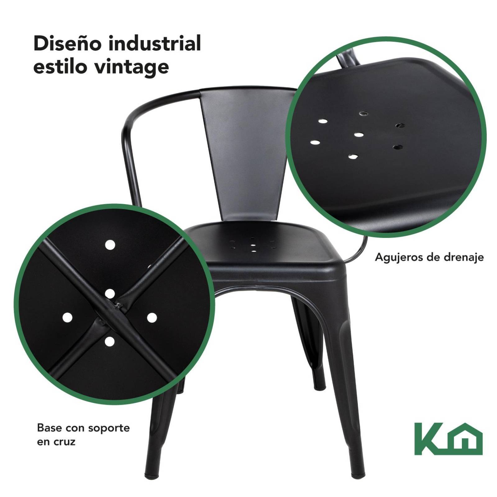 Silla Tolix Acero Metalica Descansabrazos 4 Pzas Kingshouse Negro mate