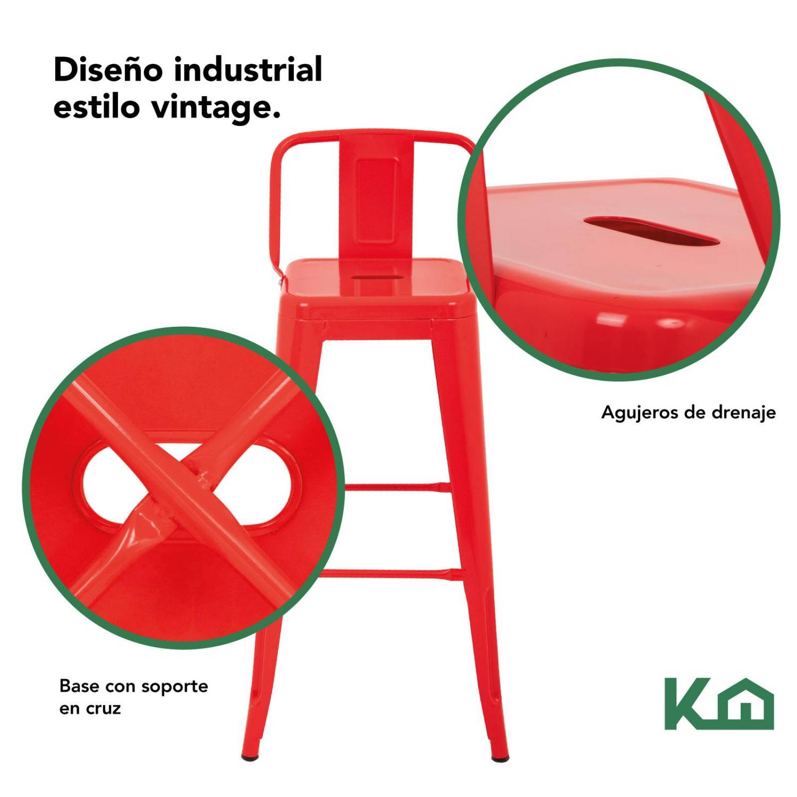 Set 4 Bancos Tolix Altos Kingshouse Con Respaldo Silla Barra Rojo