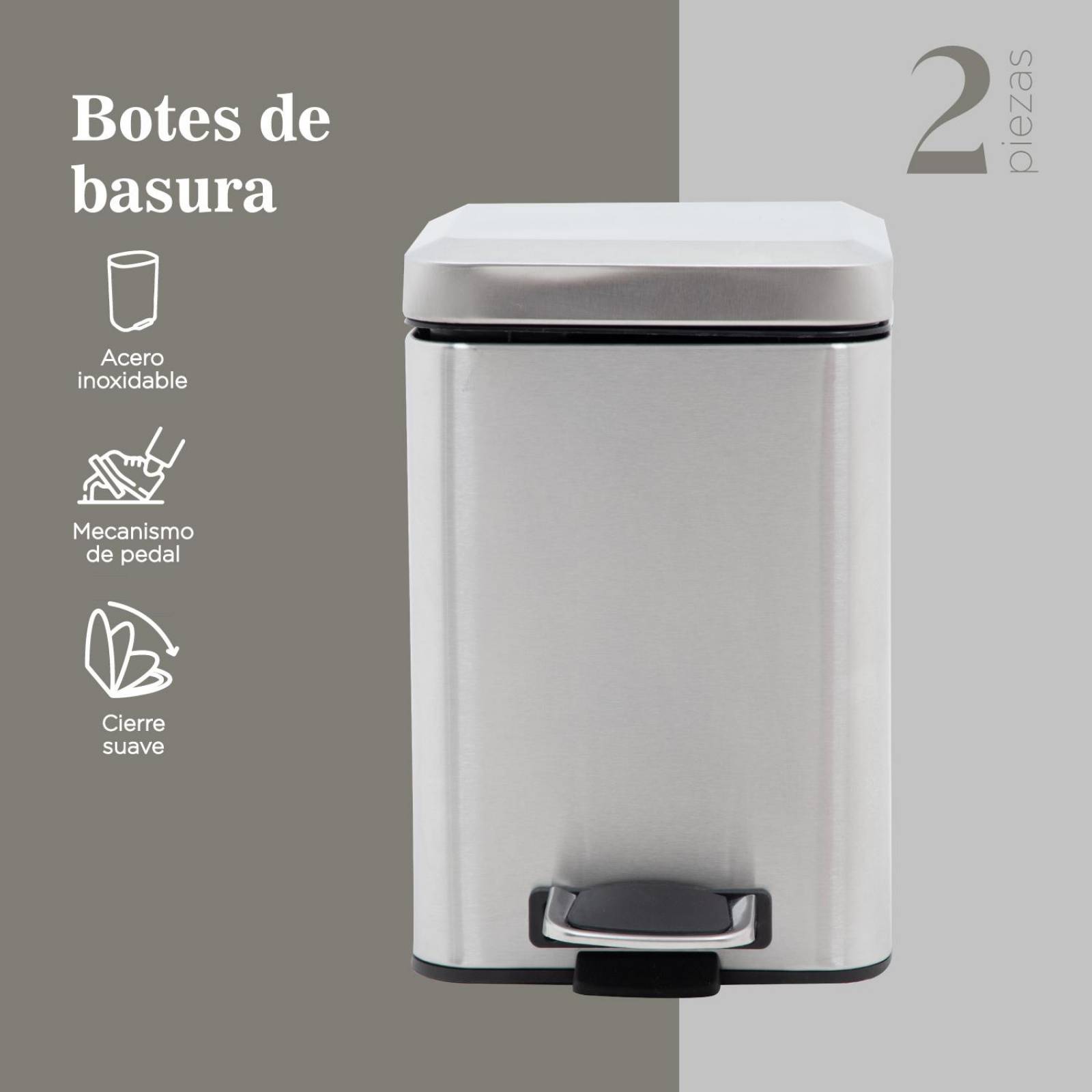 Botes de Basura 6L Acero Inox Metalico Cocina Oficina 2pzas 