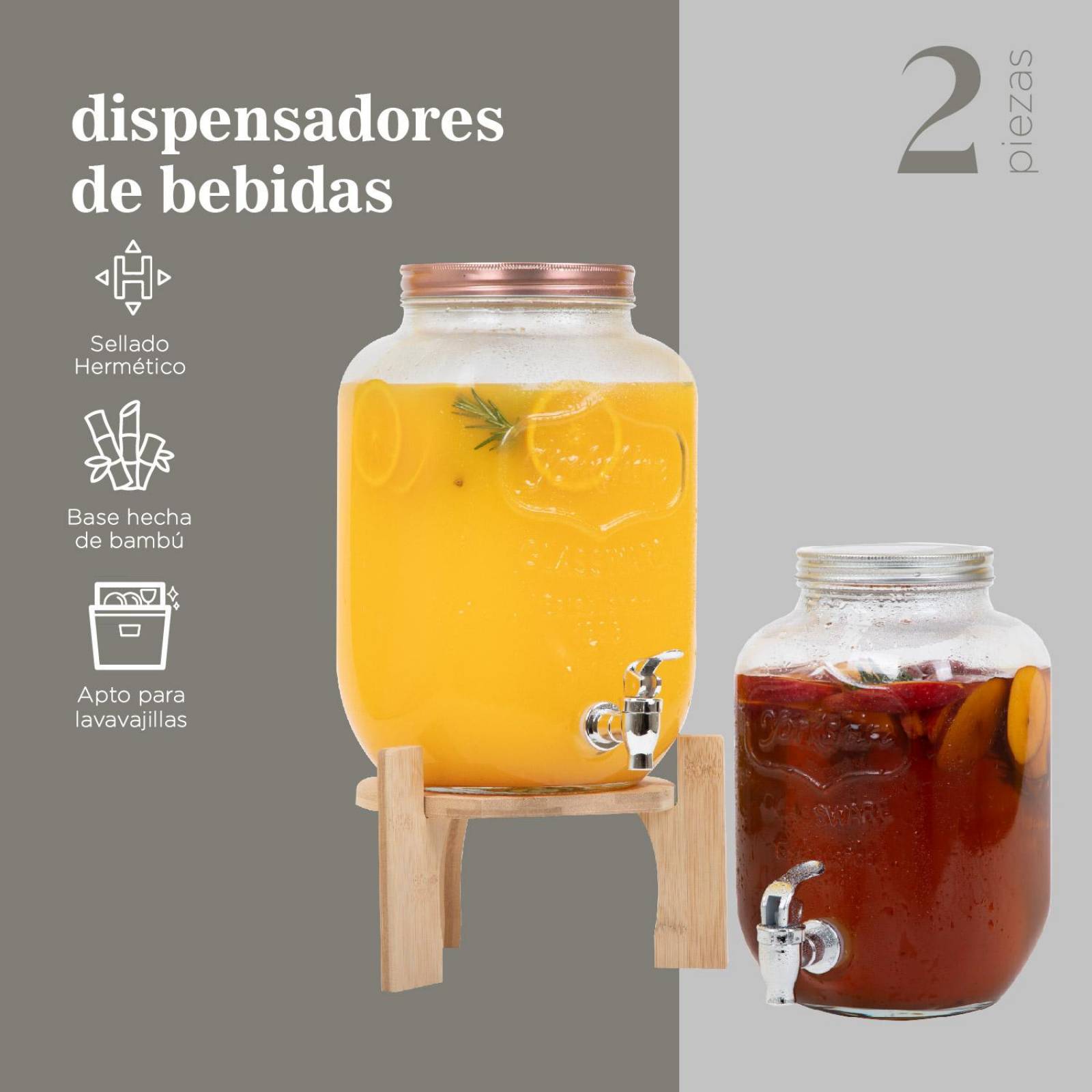 Dispensadores Bebidas 4 y 8 Litros Mason Jar Vitrolero Bambu 