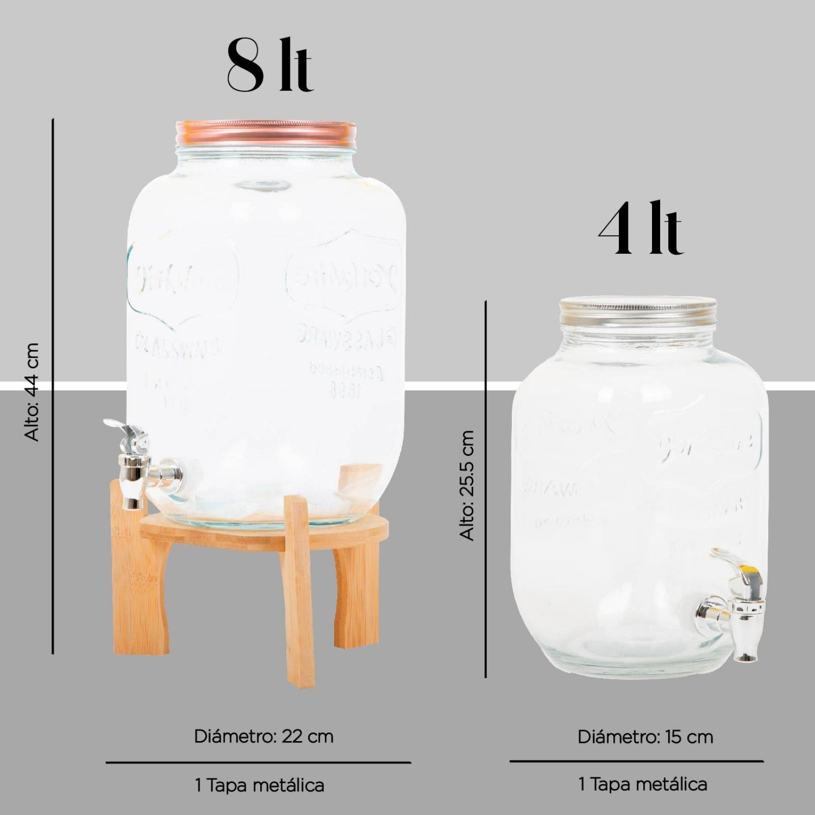 Dispensadores Bebidas 4 y 8 Litros Mason Jar Vitrolero Bambu 