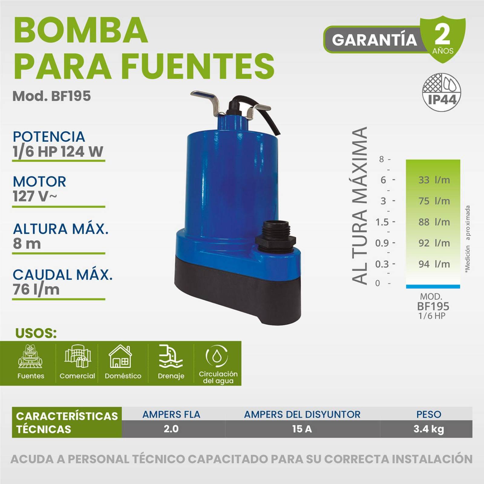 Bomba Sumergible Igoto Para Fuente 1/6 Hp 6 Metros 124w 