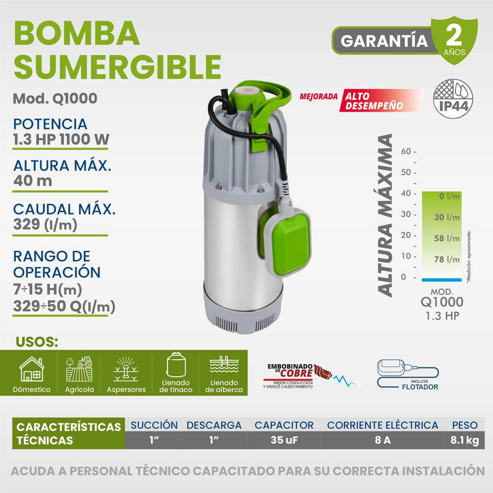 Bomba Sumergible Acero Inoxidable Con Flotador 1-1/3hp Igoto 