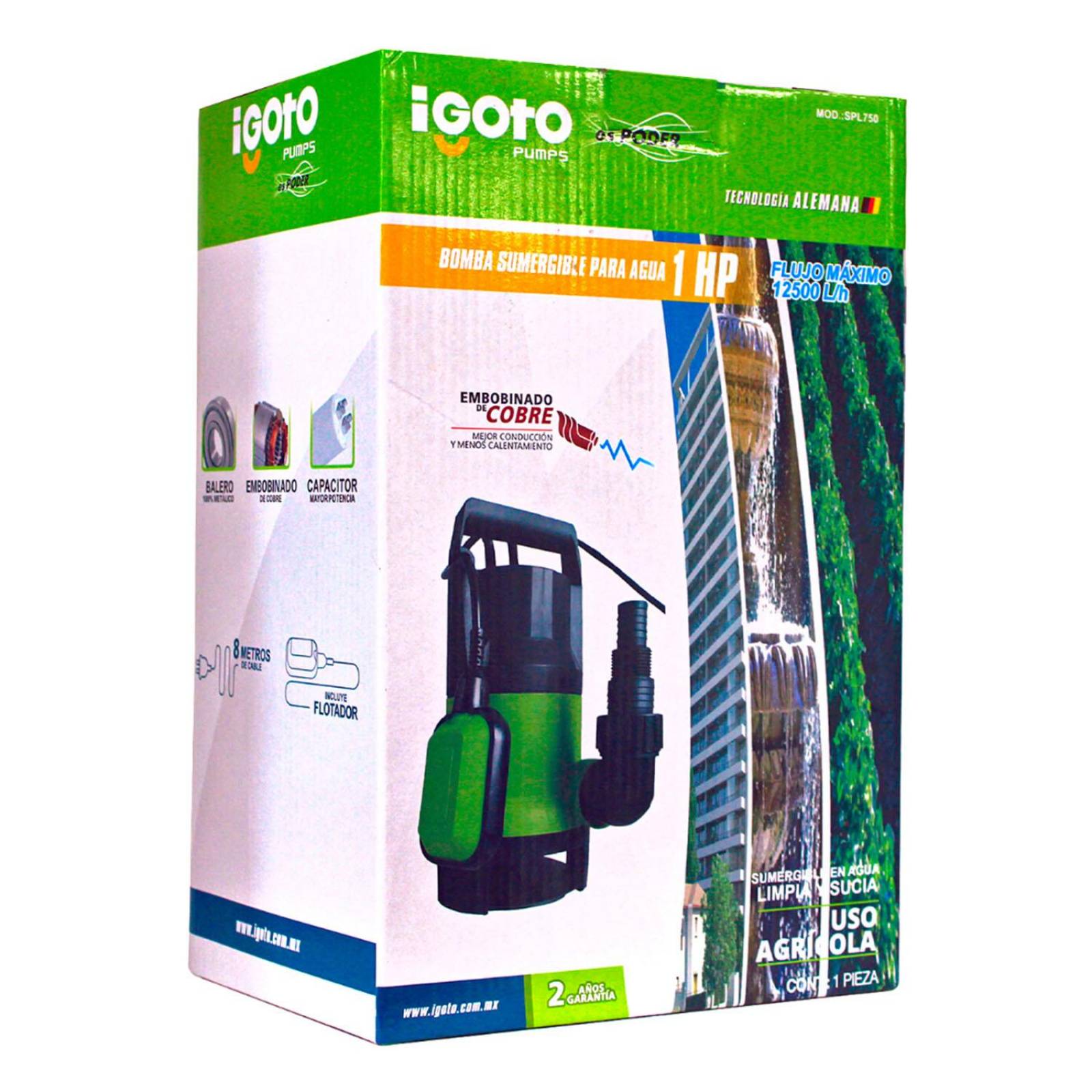 Bomba Sumergible Plástica 1 Hp 13 Metros Con Flotador Igoto 