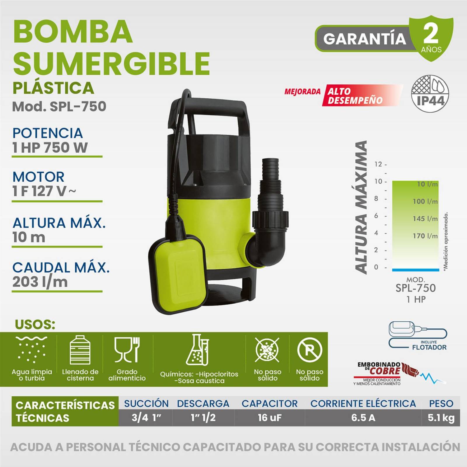 Bomba Sumergible Plástica 1 Hp 13 Metros Con Flotador Igoto 