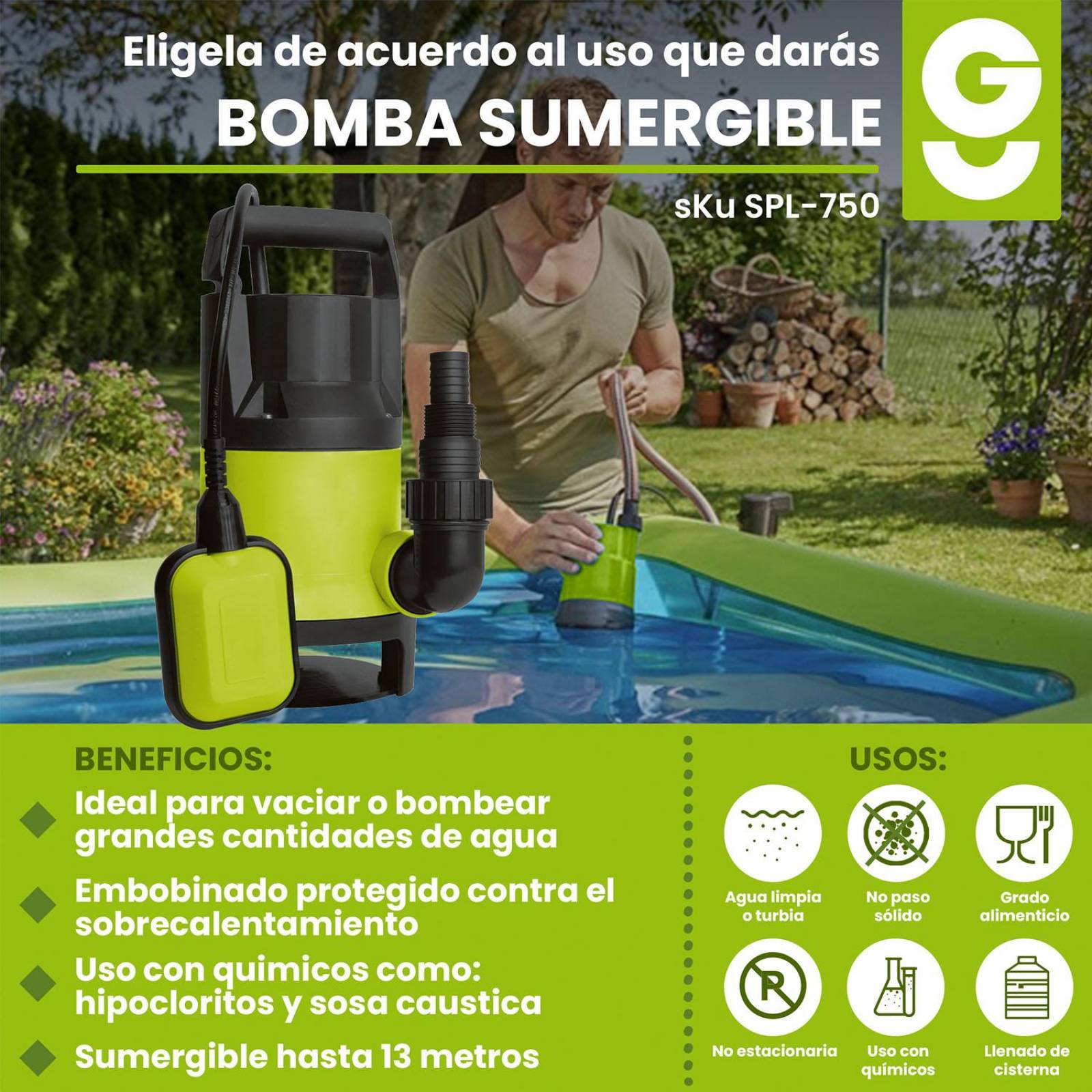 Bomba Sumergible Plástica 1 Hp 13 Metros Con Flotador Igoto 