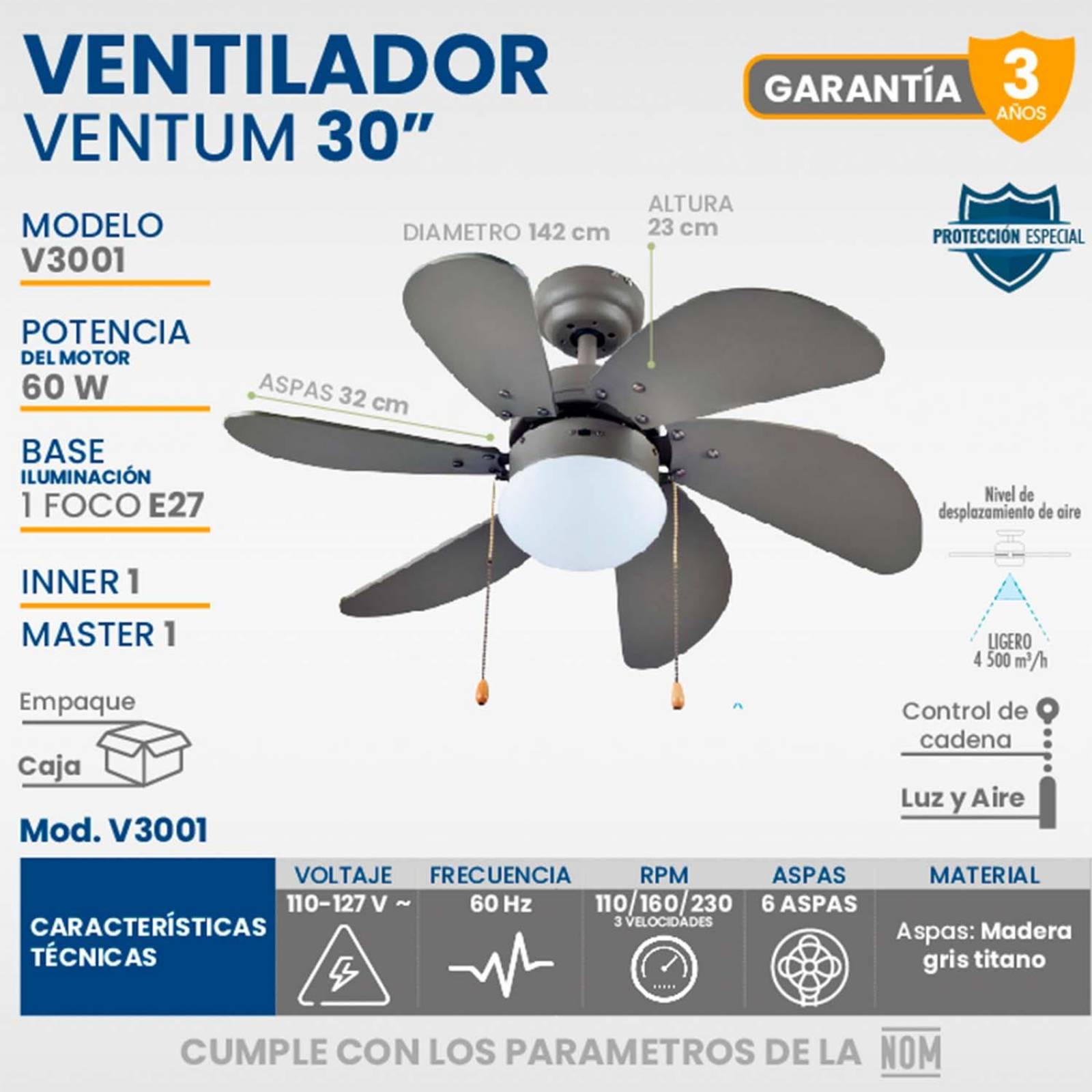 Ventilador De Techo Luz 6 Aspas Con Cadena 60W Ventum 76 Cm 