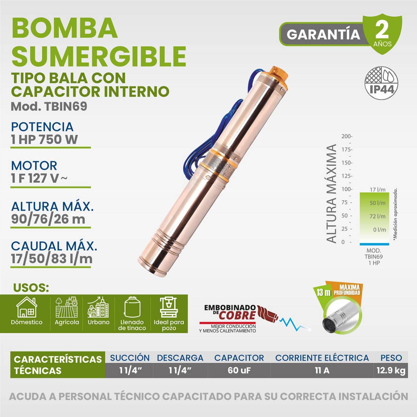 Bomba Sumergible Bala Con Capacitor Interno 1 Hp Igoto 