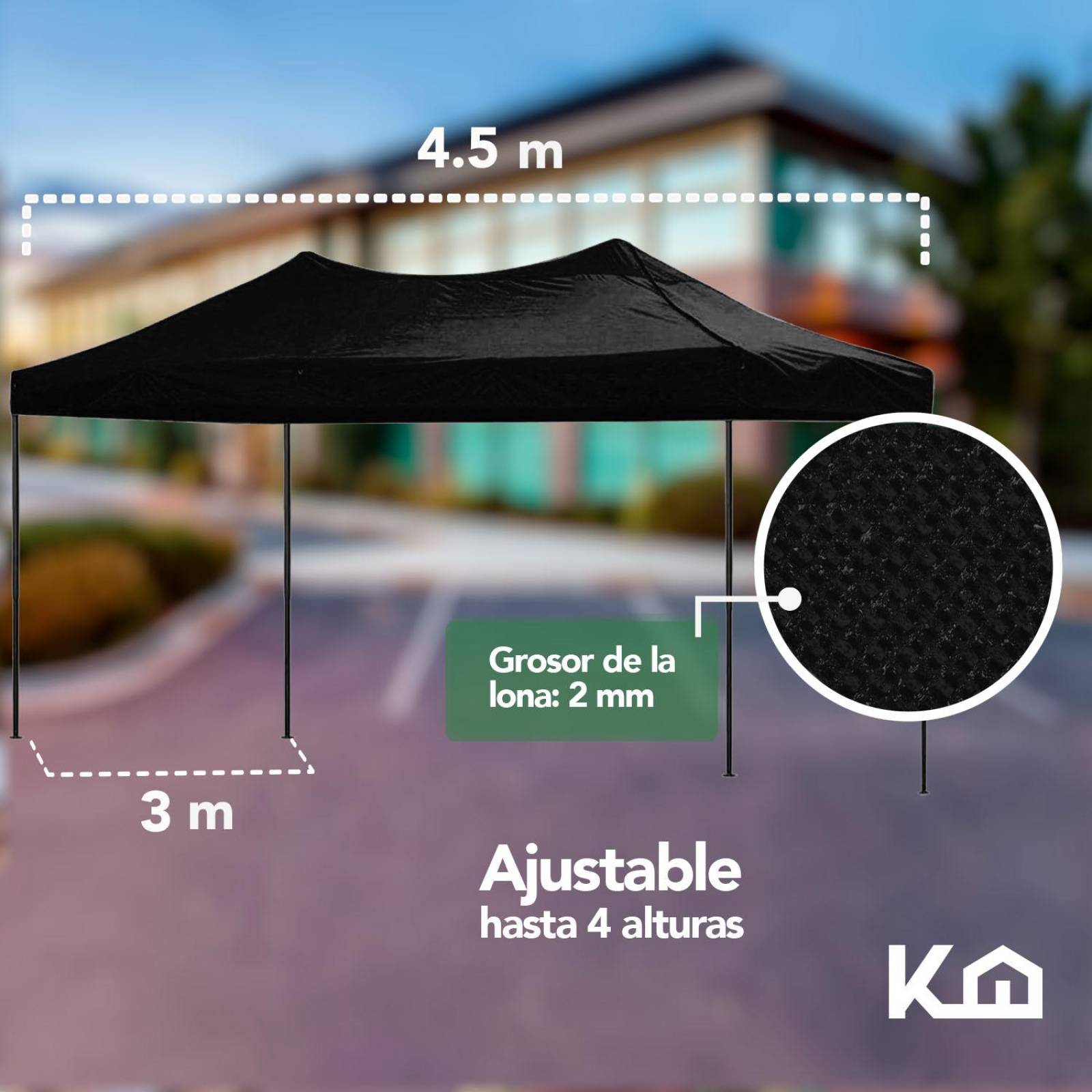 Toldo Carpa Impermeable Plegable de Acero 3x4.5 m Negro con Bolsa KingsHouse 