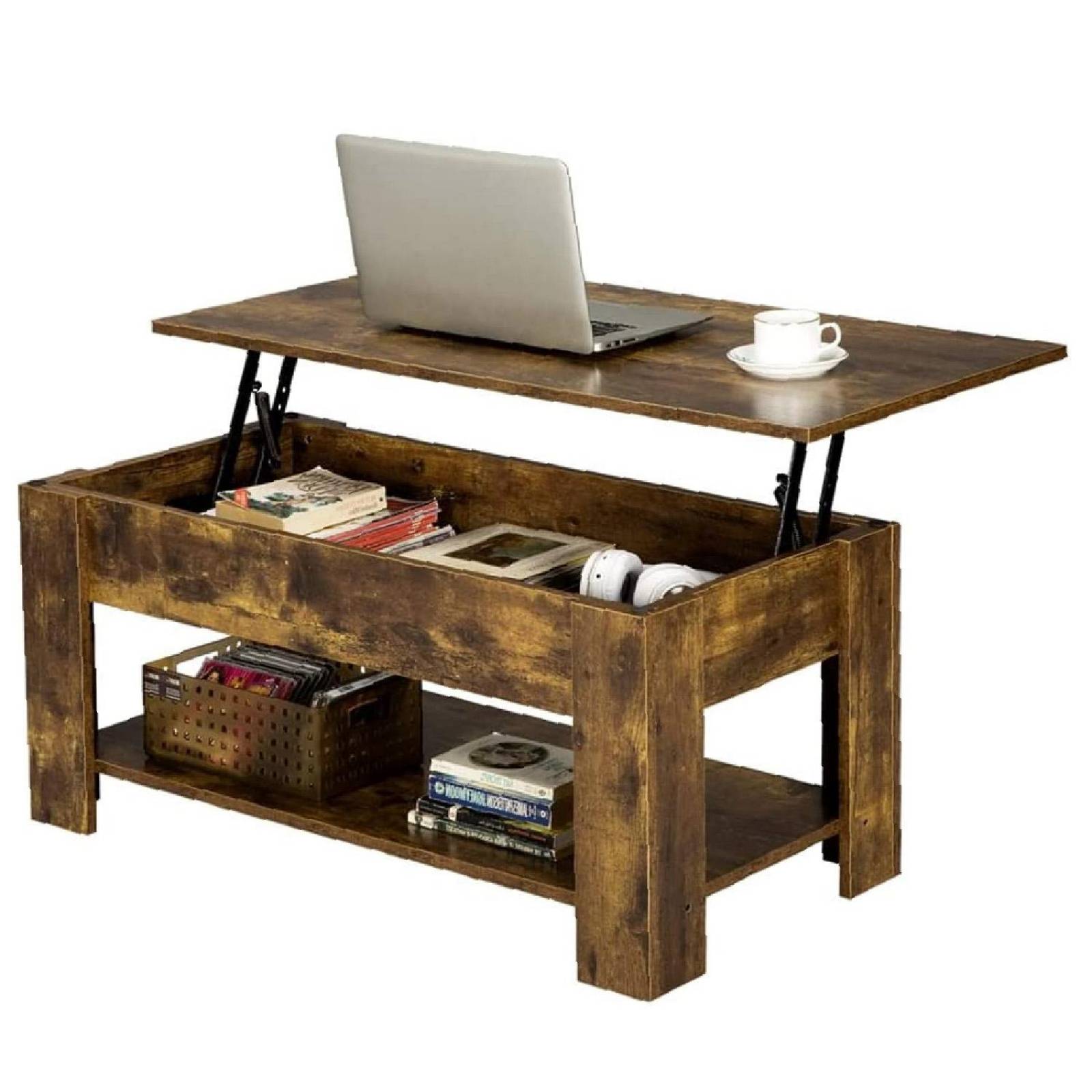 Mesa de Centro Elevable De Madera Con Compartimento Oculto Café