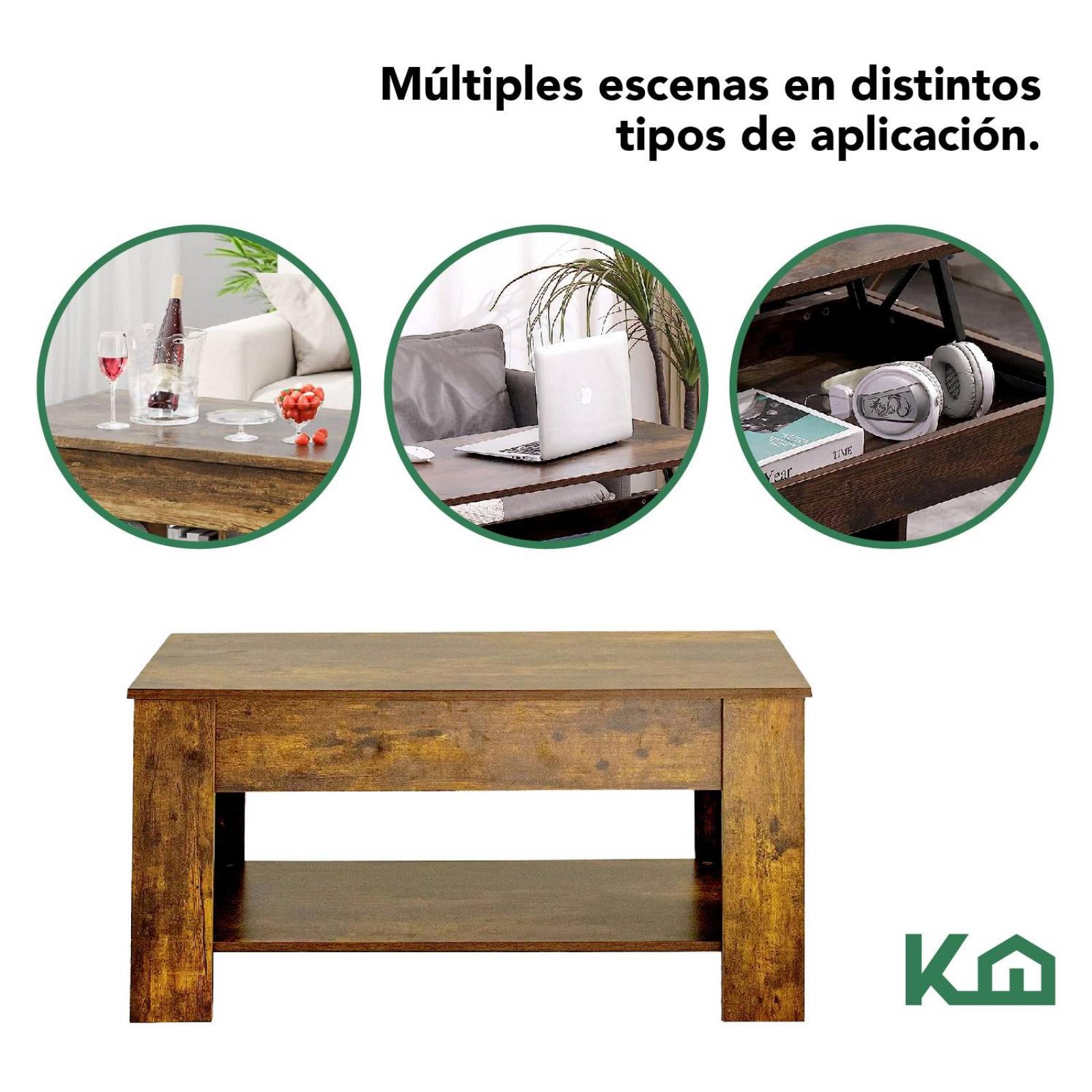 Mesa de Centro Elevable De Madera Con Compartimento Oculto Café