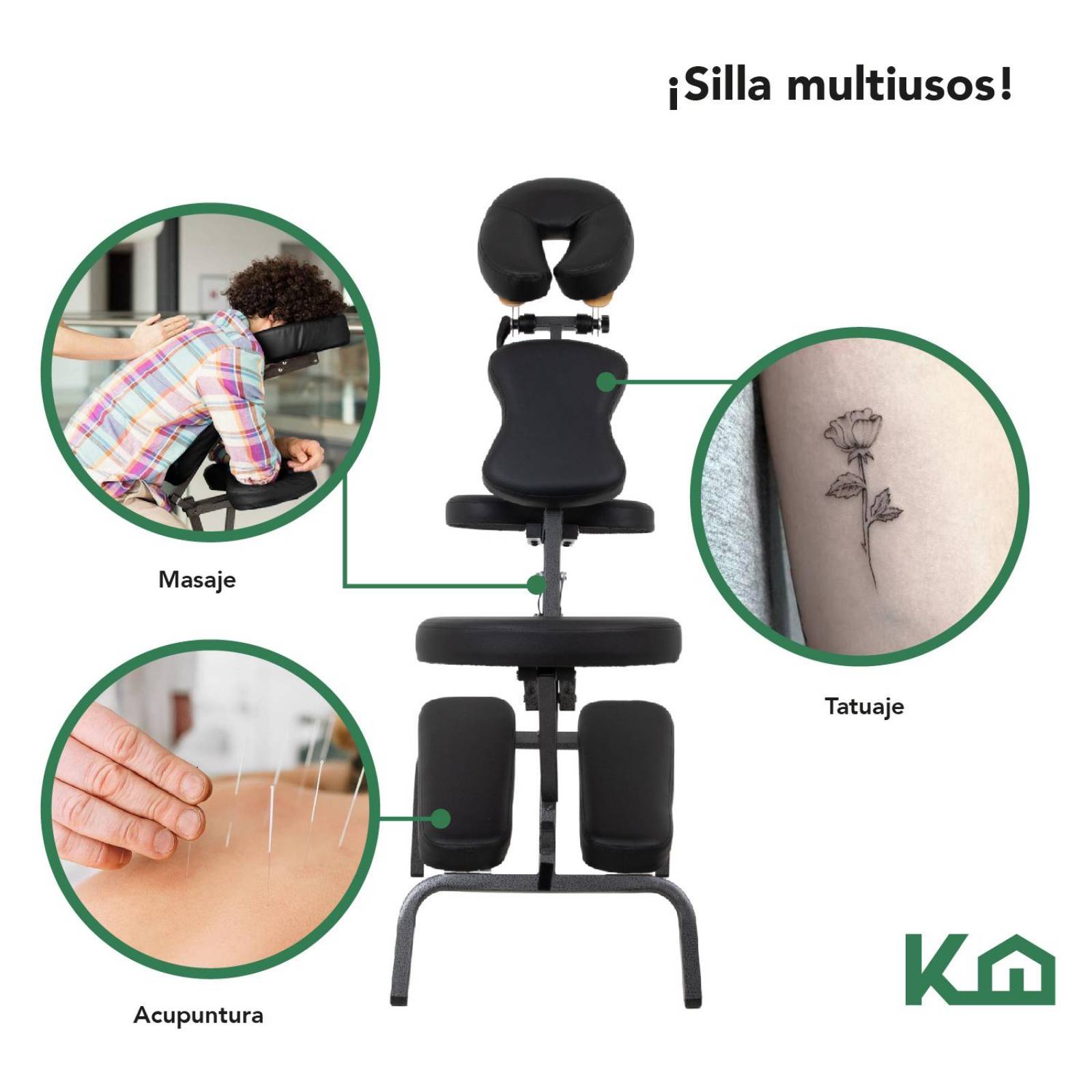 Silla Masaje Portatil Vinil Shiatsu Confort Premium Tattoo Negro