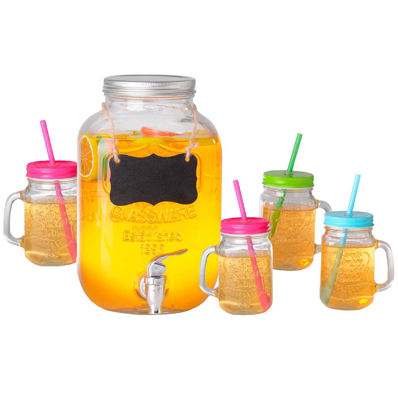 Juego De Dispensador 5 Litros Bebidas Mason Jar Con 4 Vasos