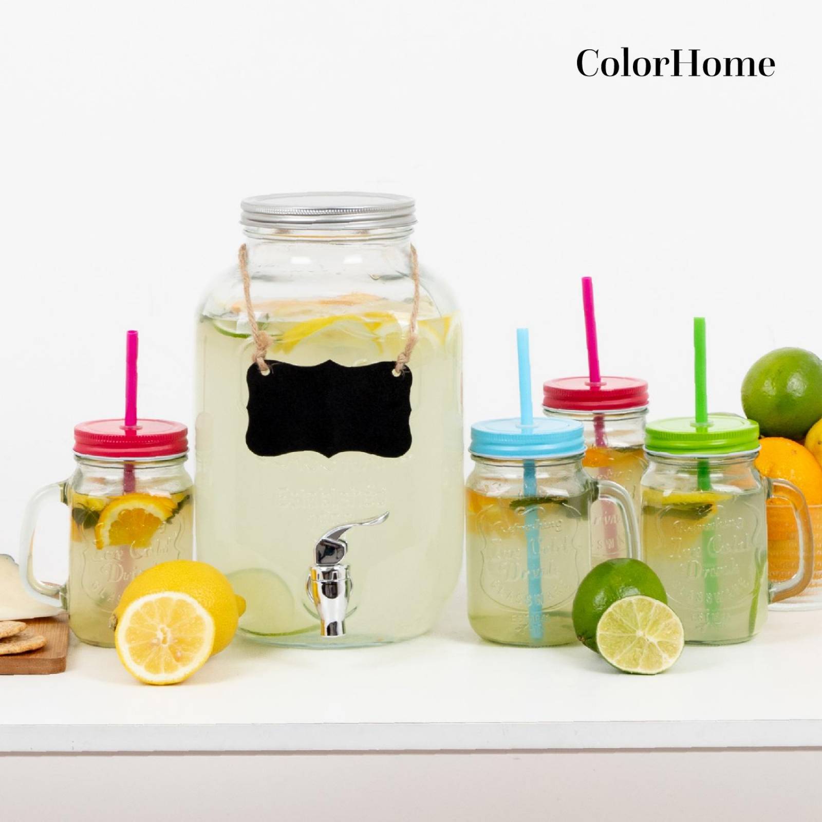 Juego De Dispensador 5 Litros Bebidas Mason Jar Con 4 Vasos