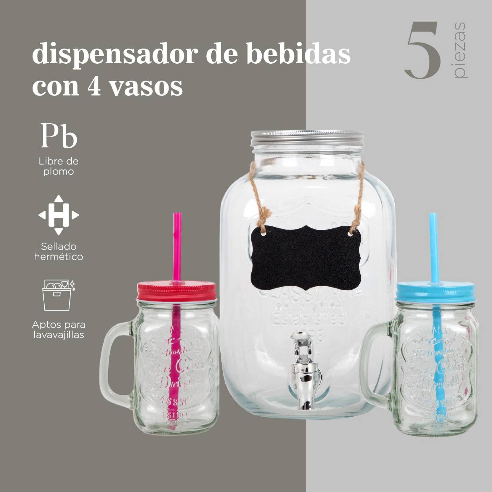 Juego De Dispensador 5 Litros Bebidas Mason Jar Con 4 Vasos