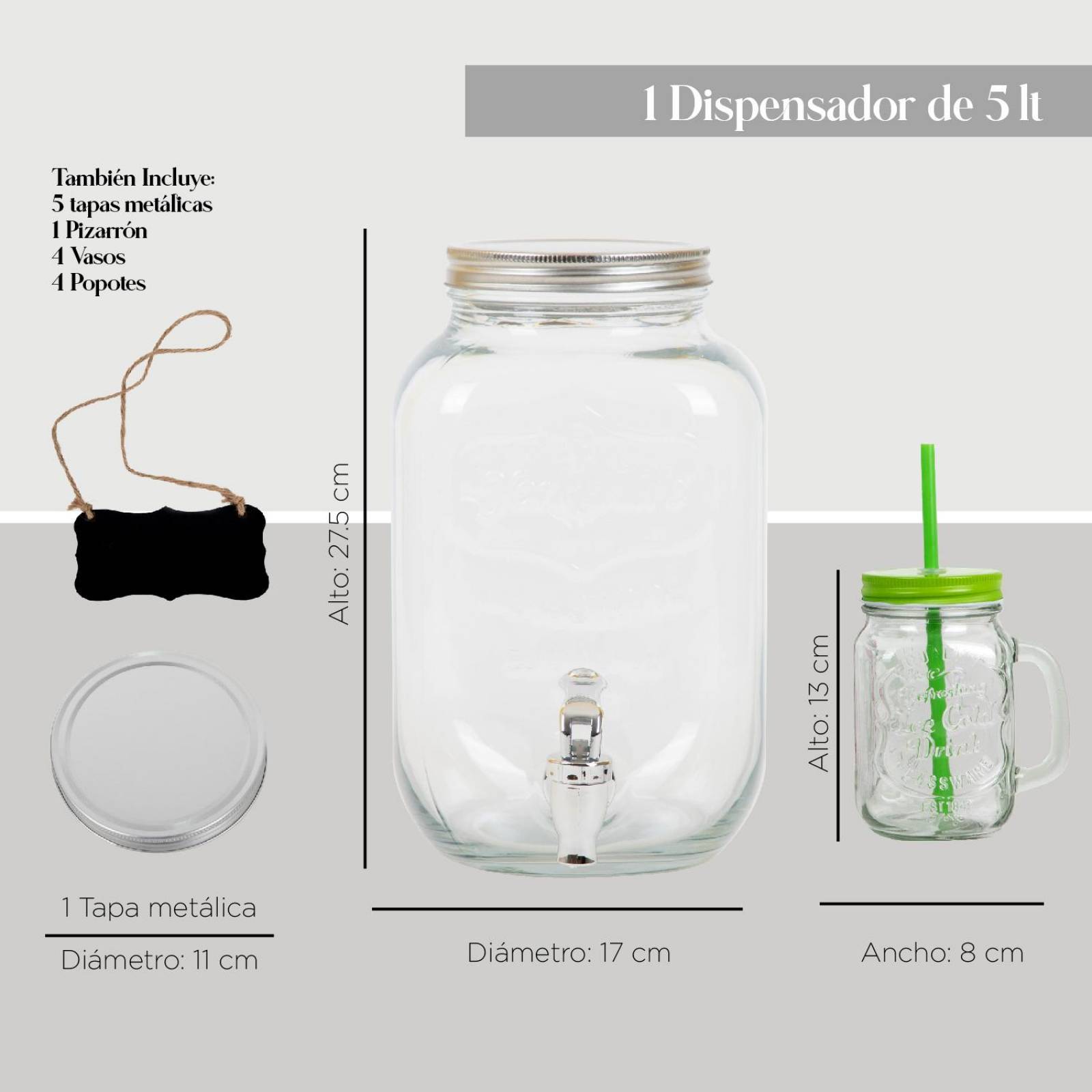 Juego De Dispensador 5 Litros Bebidas Mason Jar Con 4 Vasos