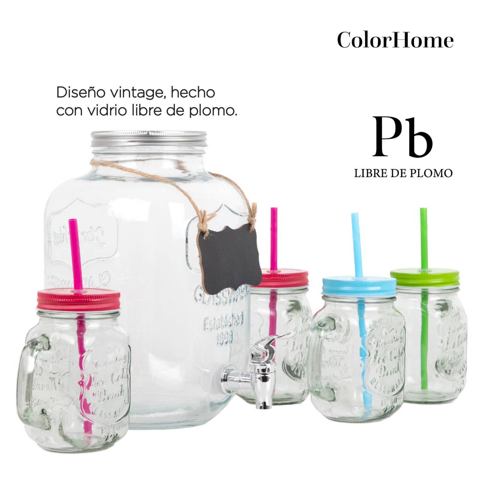 Juego De Dispensador 5 Litros Bebidas Mason Jar Con 4 Vasos