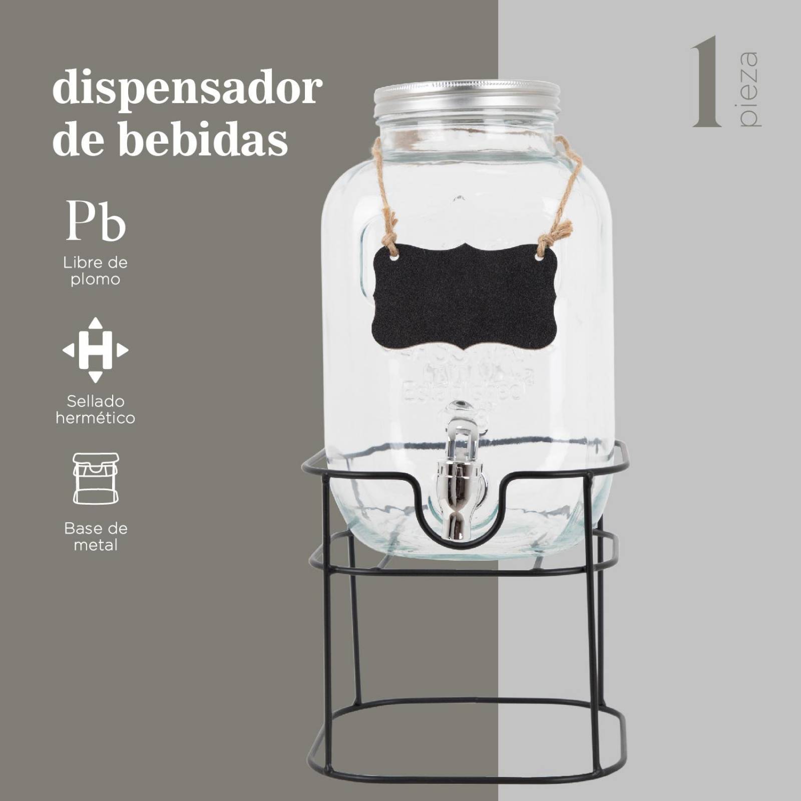 Dispensador Bebidas 5 Litros Mason Jar Vitrolero Base Metal 