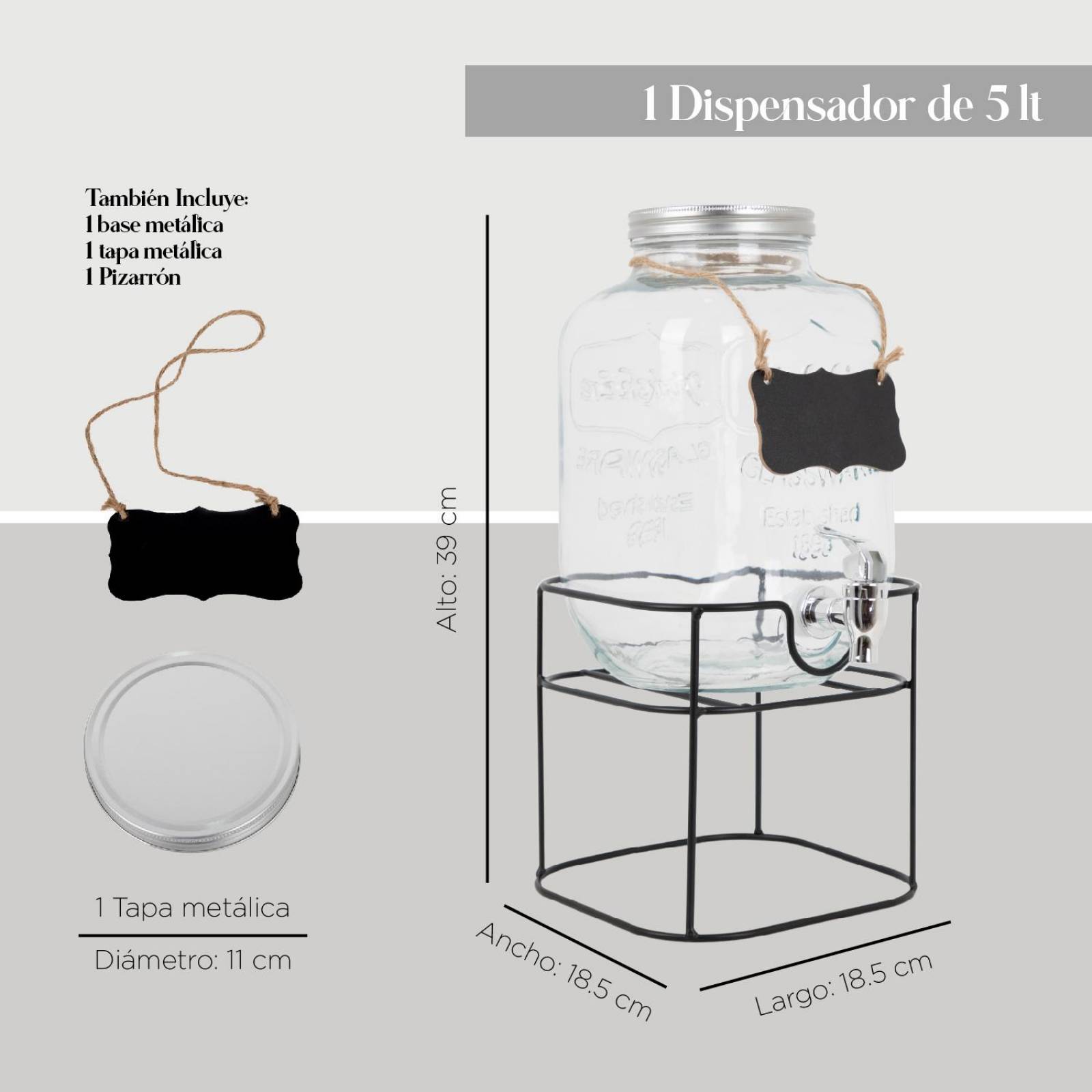 Dispensador Bebidas 5 Litros Mason Jar Vitrolero Base Metal 