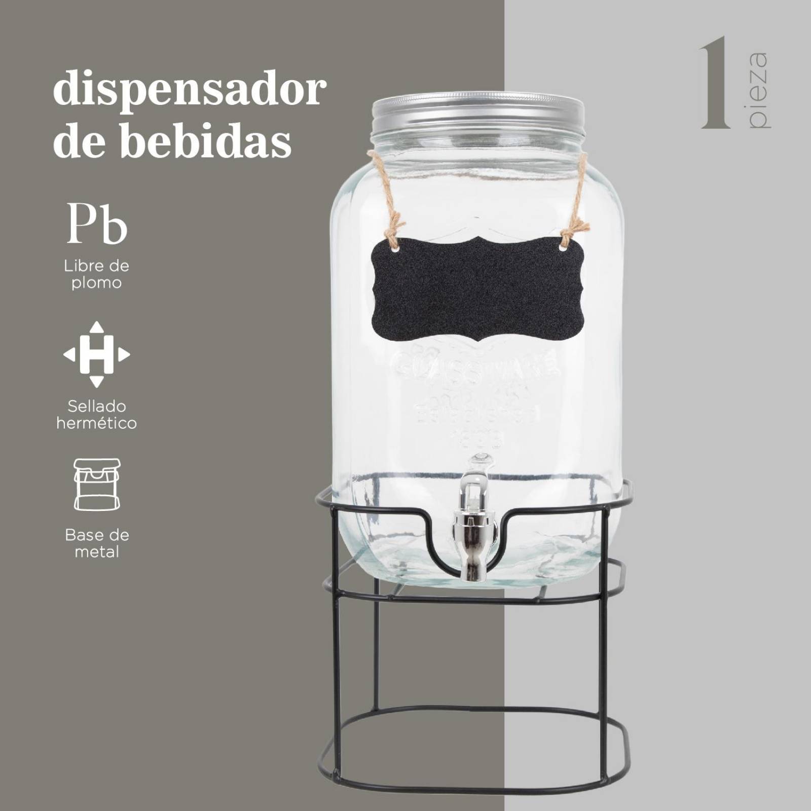 Dispensador Bebidas 8 Litros Mason Jar Vitrolero Base Metal 