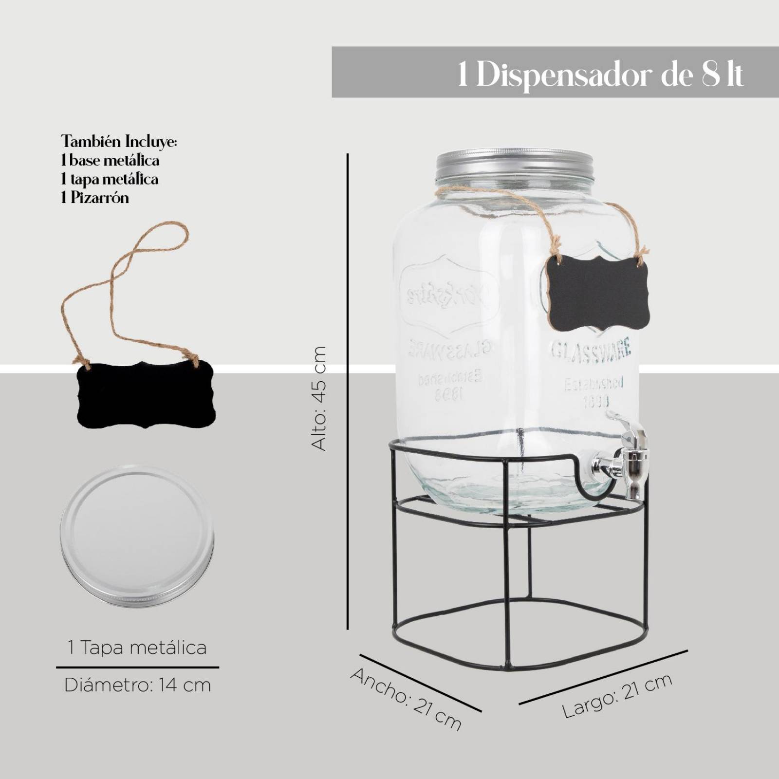 Dispensador Bebidas 8 Litros Mason Jar Vitrolero Base Metal 