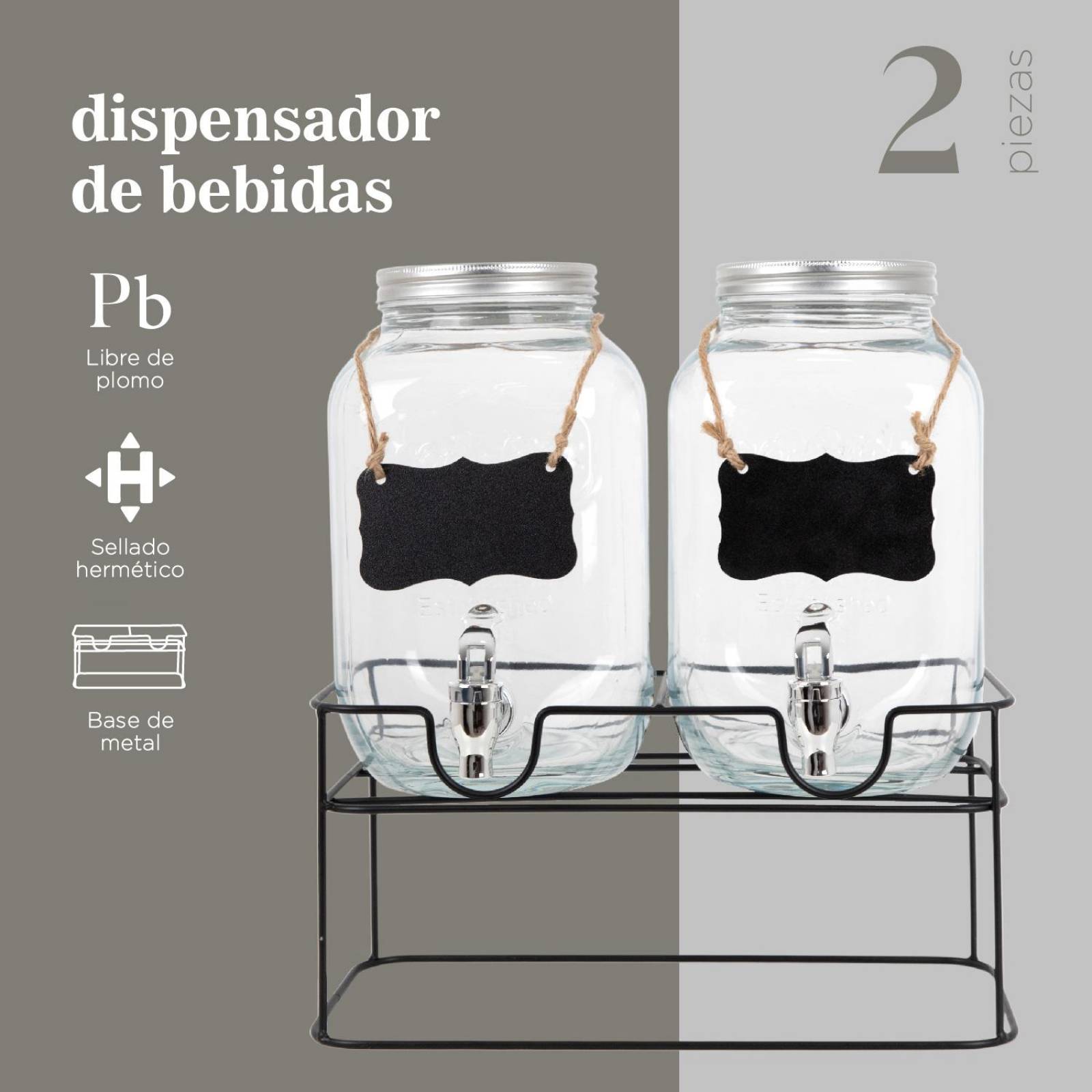 Juego De Dispensadores Bebidas 4 Litros Mason Jar Base Metal 