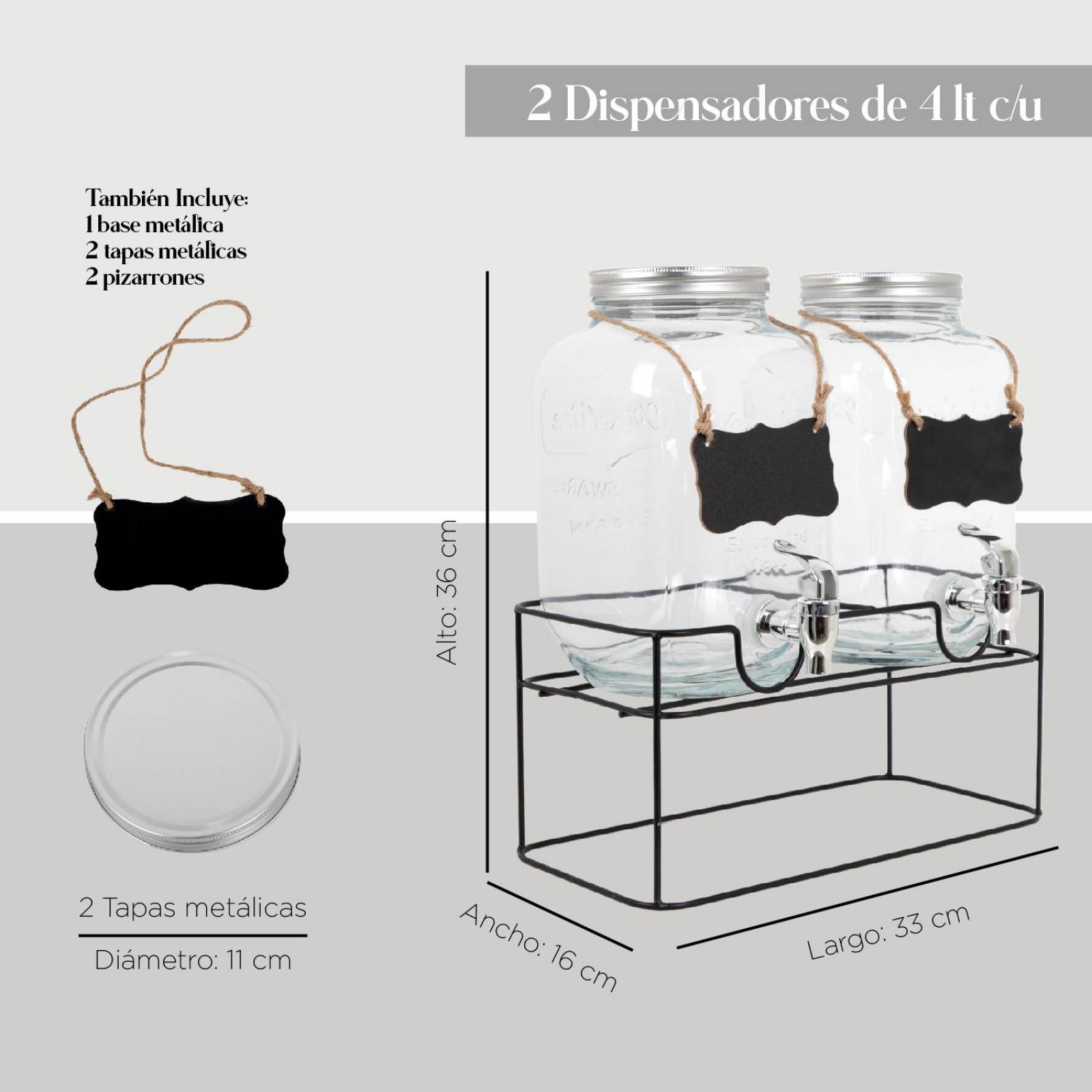 Juego De Dispensadores Bebidas 4 Litros Mason Jar Base Metal 